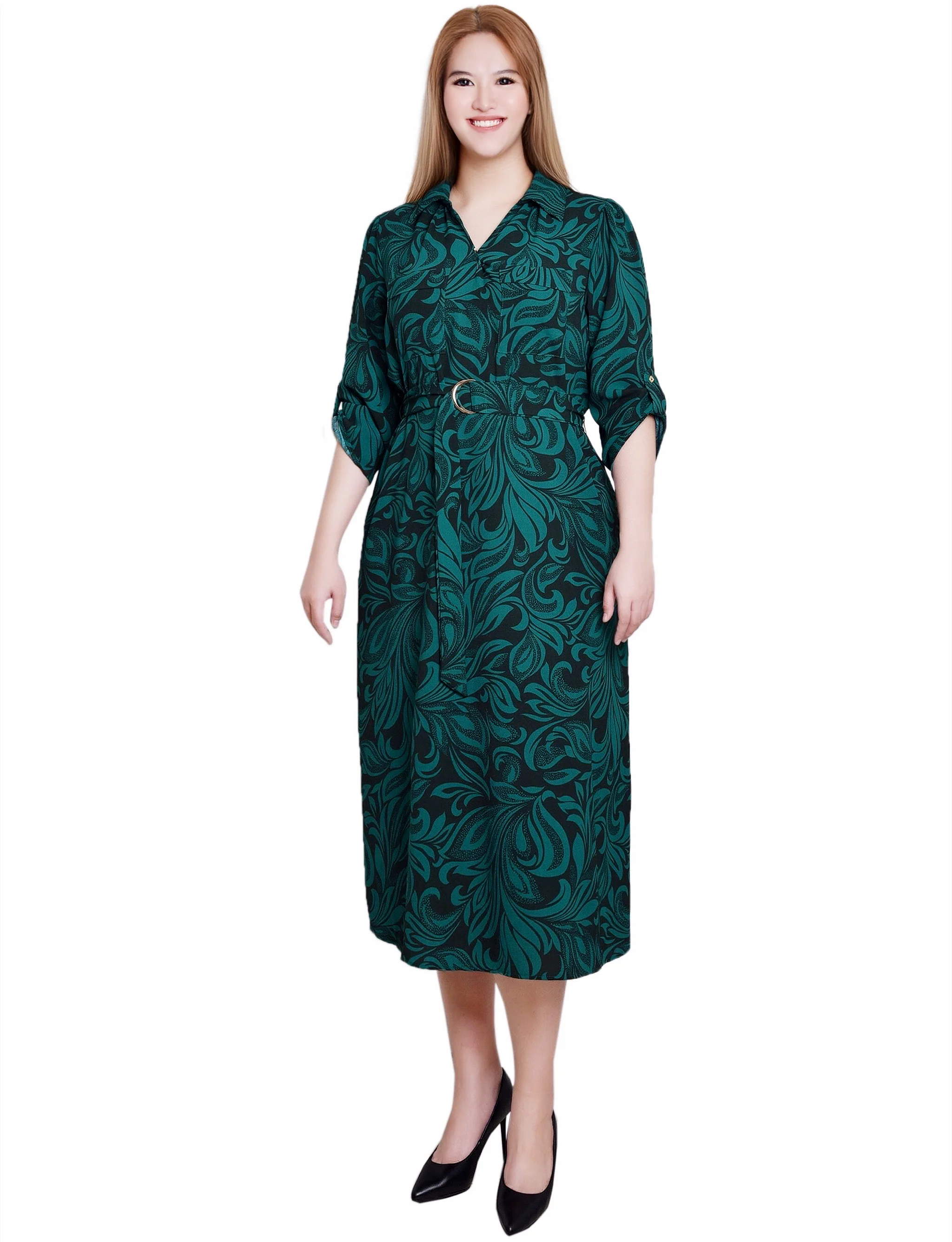Emerald 3/4 Roll Tab Belted Dress - Image 2