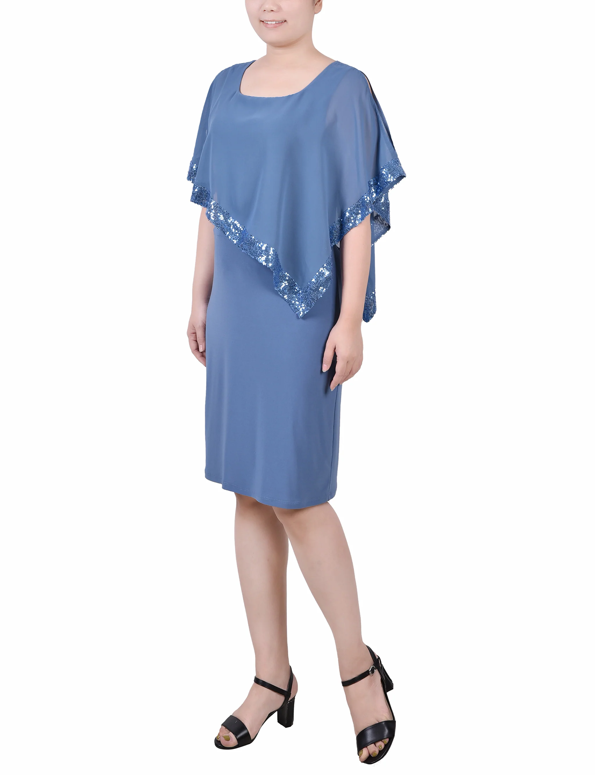 Faded Denim Poncho Style Sequined Dress - Image 2