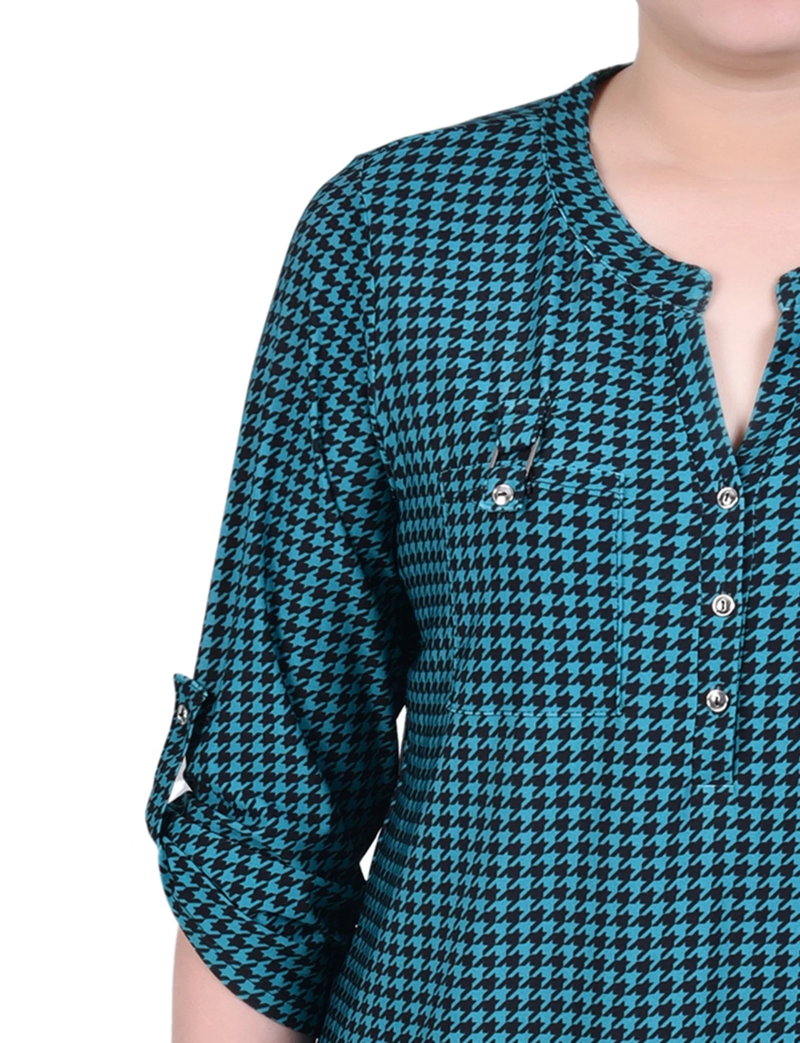 Fanfare Black Houndstooth Long Tab-Sleeve Top With Pockets - Image 3