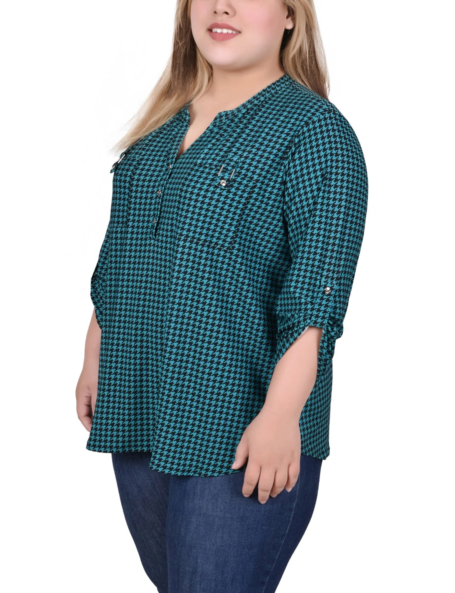 Fanfare Black Houndstooth Long Tab-Sleeve Top With Pockets - Plus - Image 2