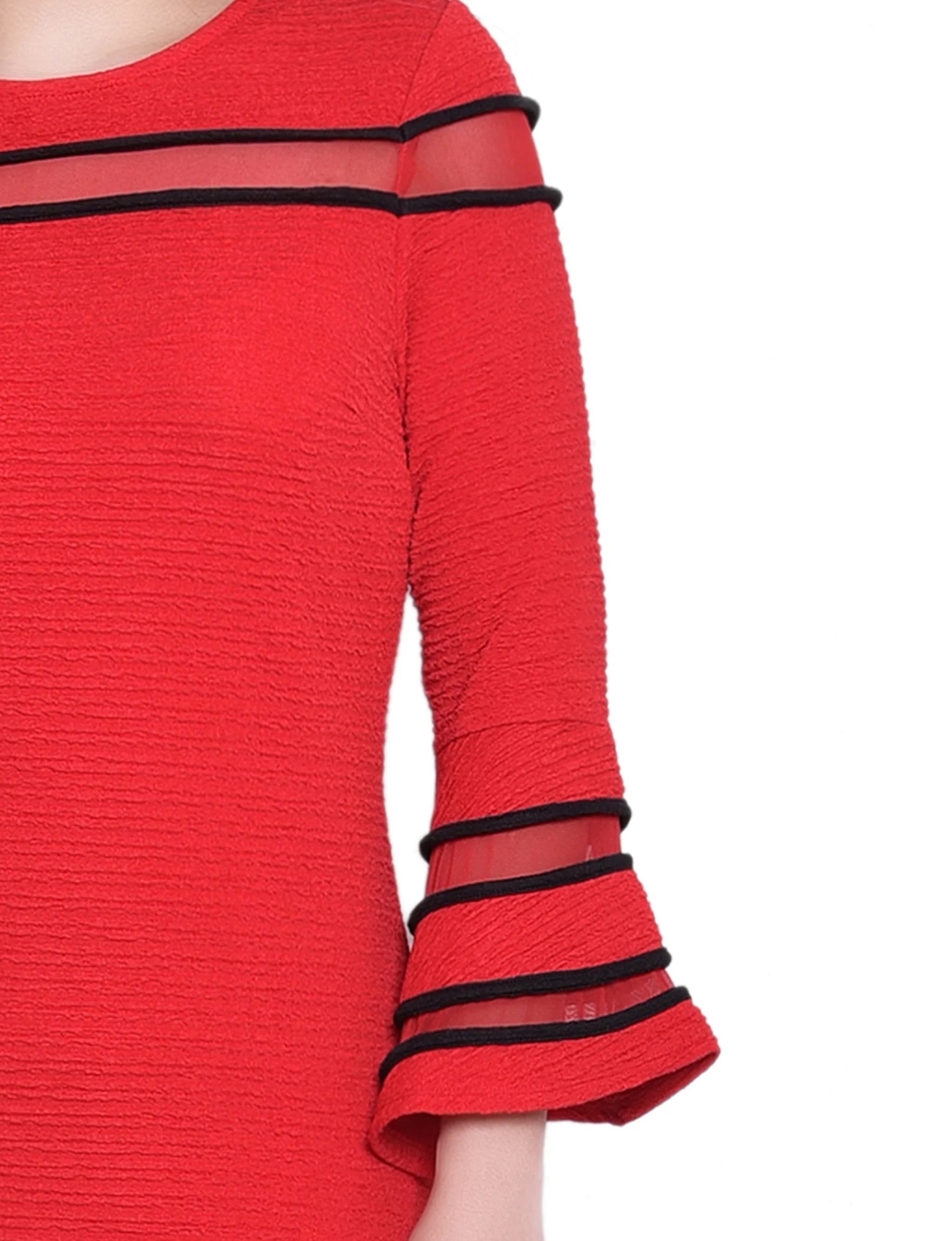 Fire Red Black Long Bell Sleeve Dress With Contrast Striping - Image 2