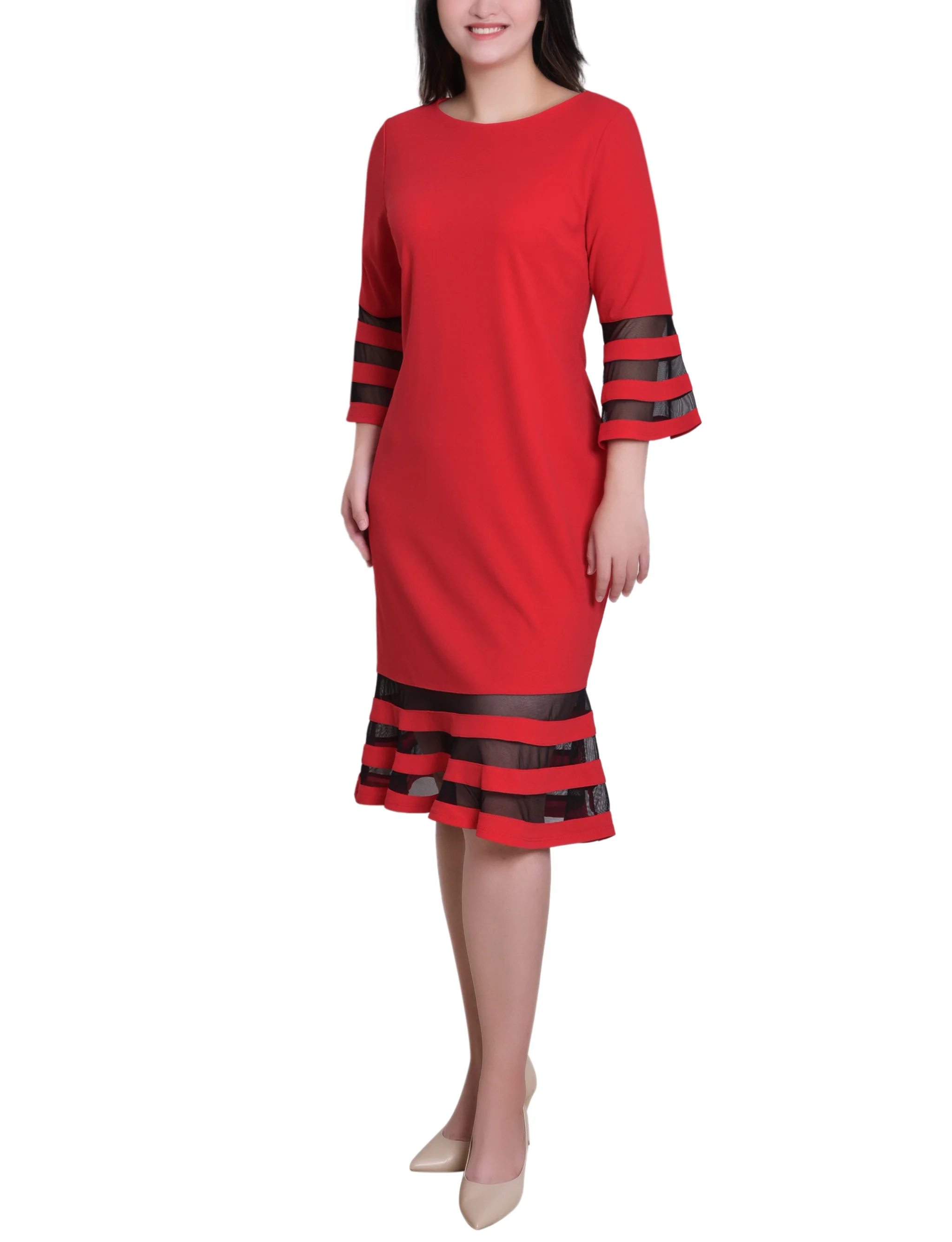 Fire Red Black Shadow Stripe Elbow Sleeve Dress - Image 3
