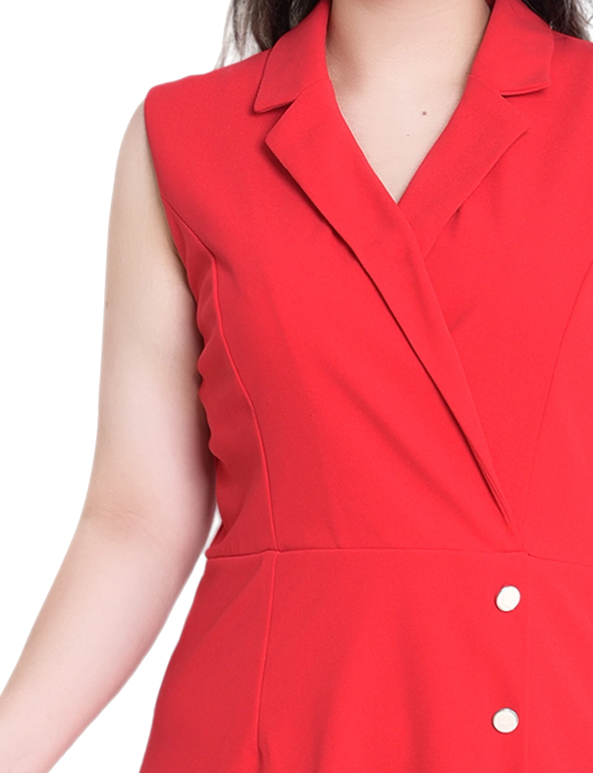 Fire Red Sleeveless Suit With Pleated Skirt - Image 2