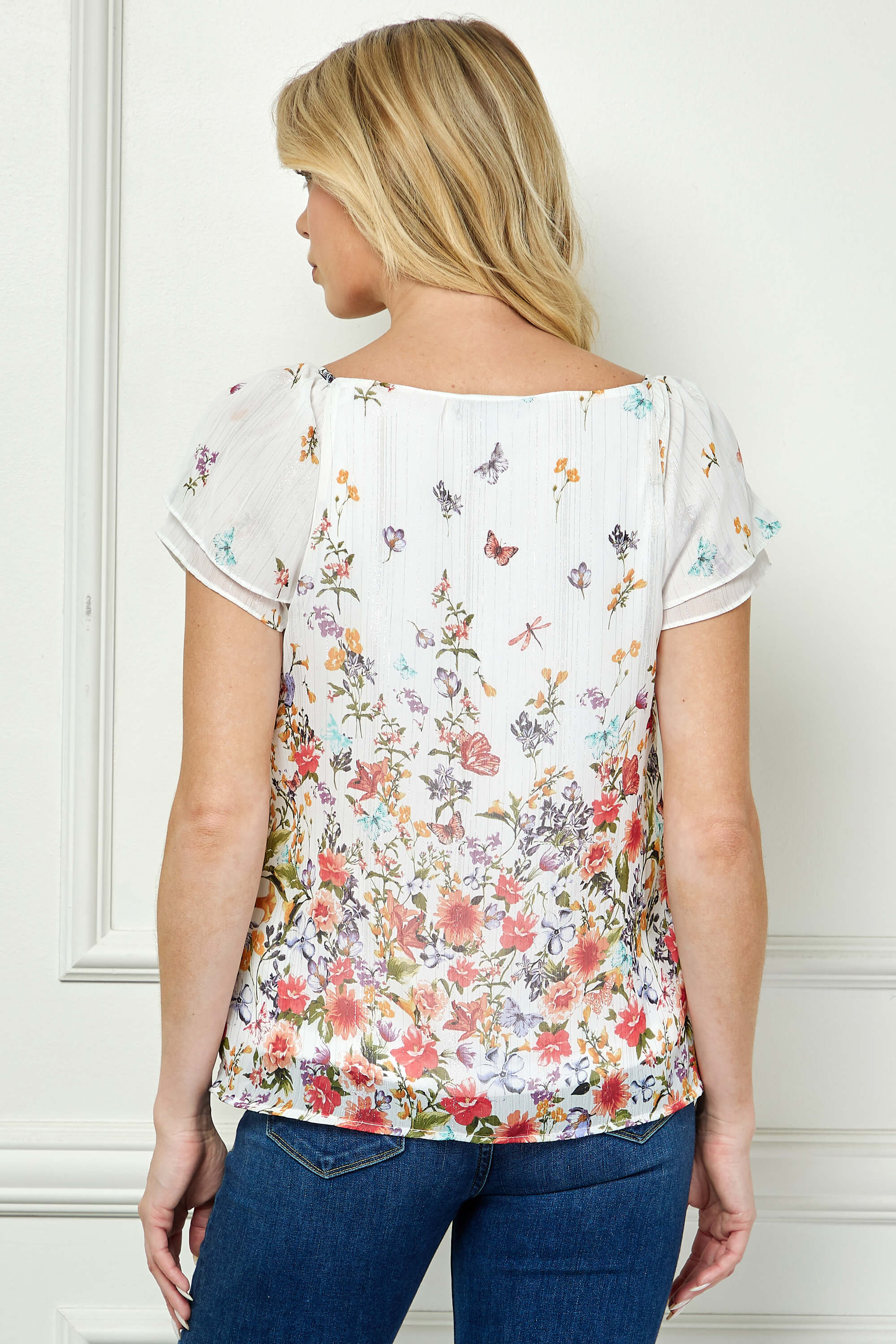 Flutter Sleeve Beaded Tie Pleated Blouse in Ivory - Image 4