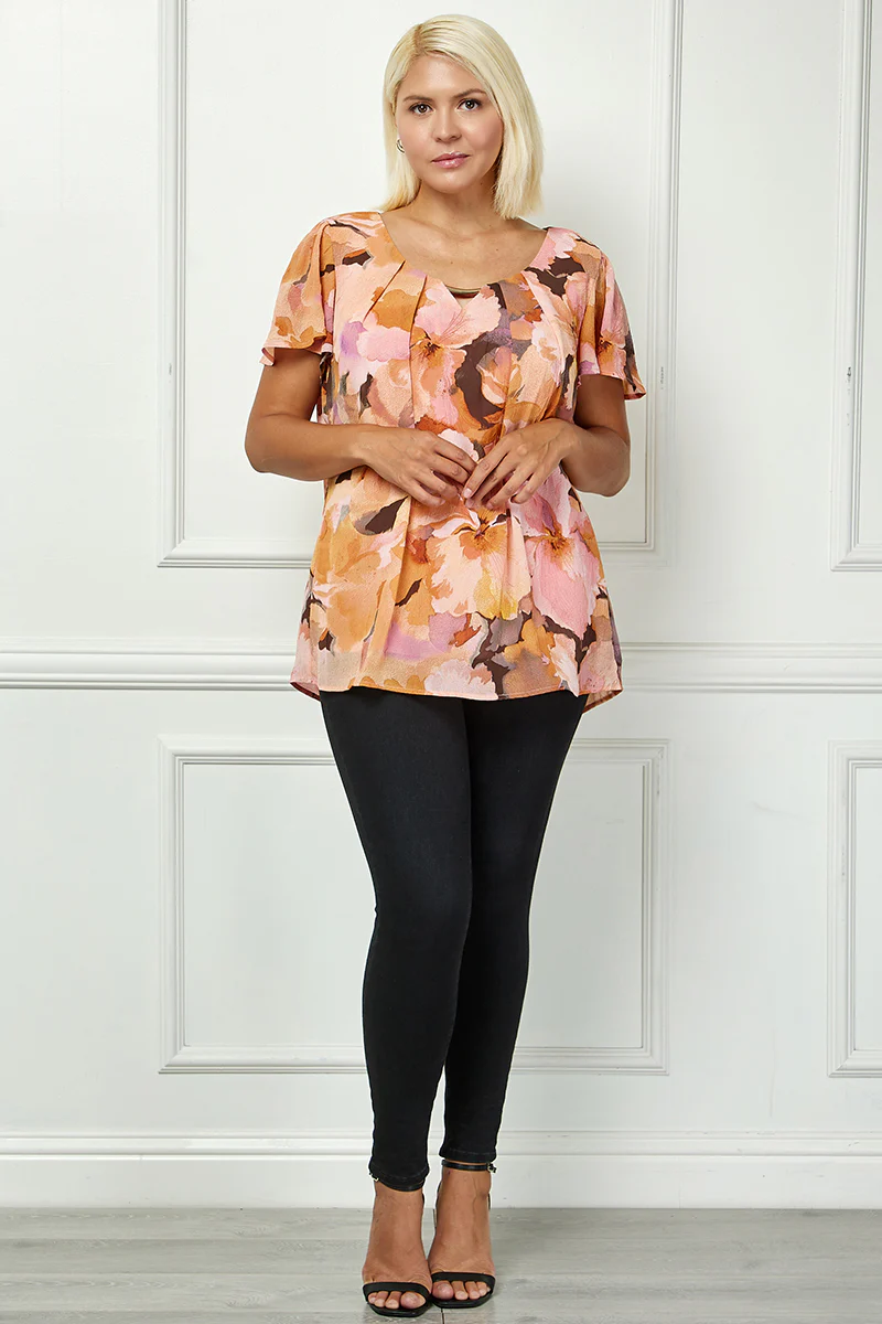Flutter Sleeve Cutout Neck Pleat Blouse - Plus - Peach - Image 4