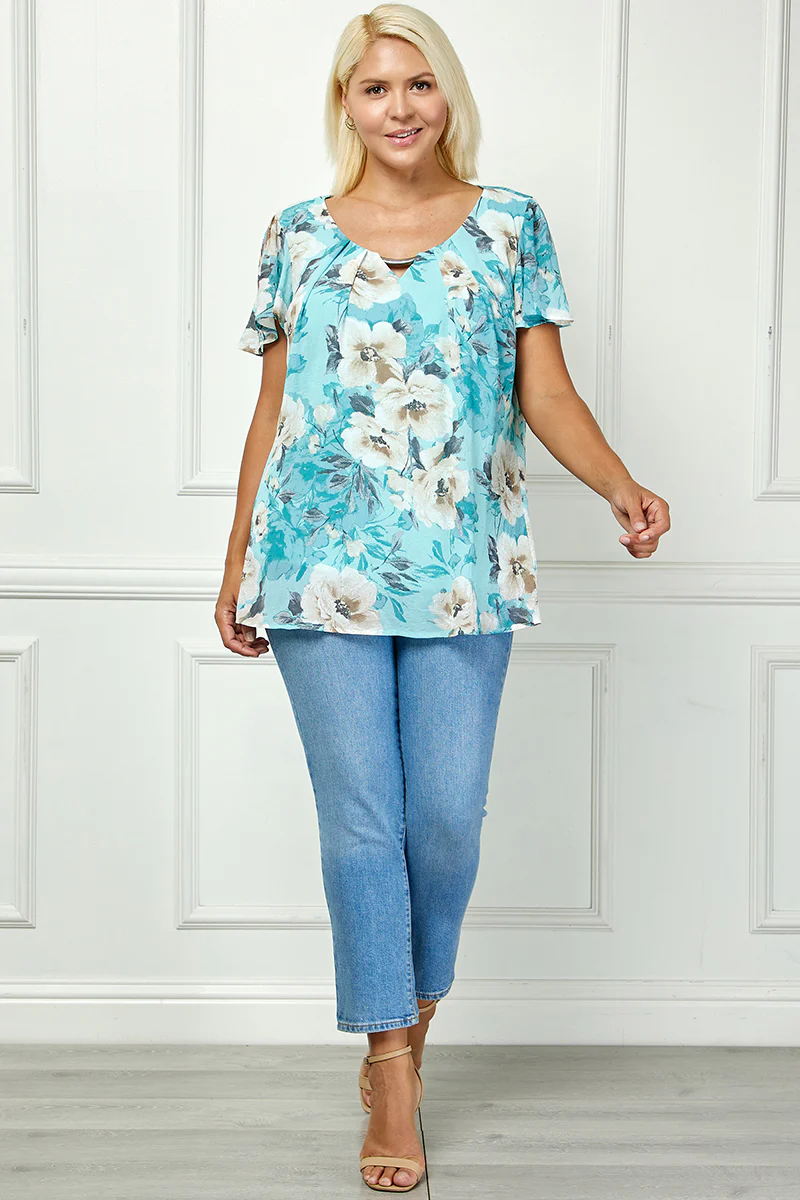 Flutter Sleeve Cutout Neck Pleat Blouse - Plus - Sage - Image 4
