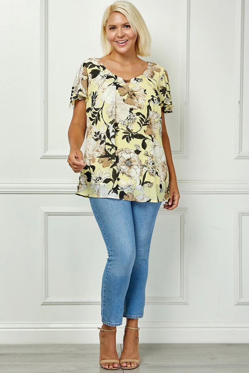 Flutter Sleeve Cutout Neck Pleat Blouse - Plus - Yellow - Image 4