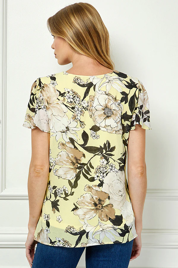 Flutter Sleeve Cutout Neck Pleat Blouse - Yellow - Image 2
