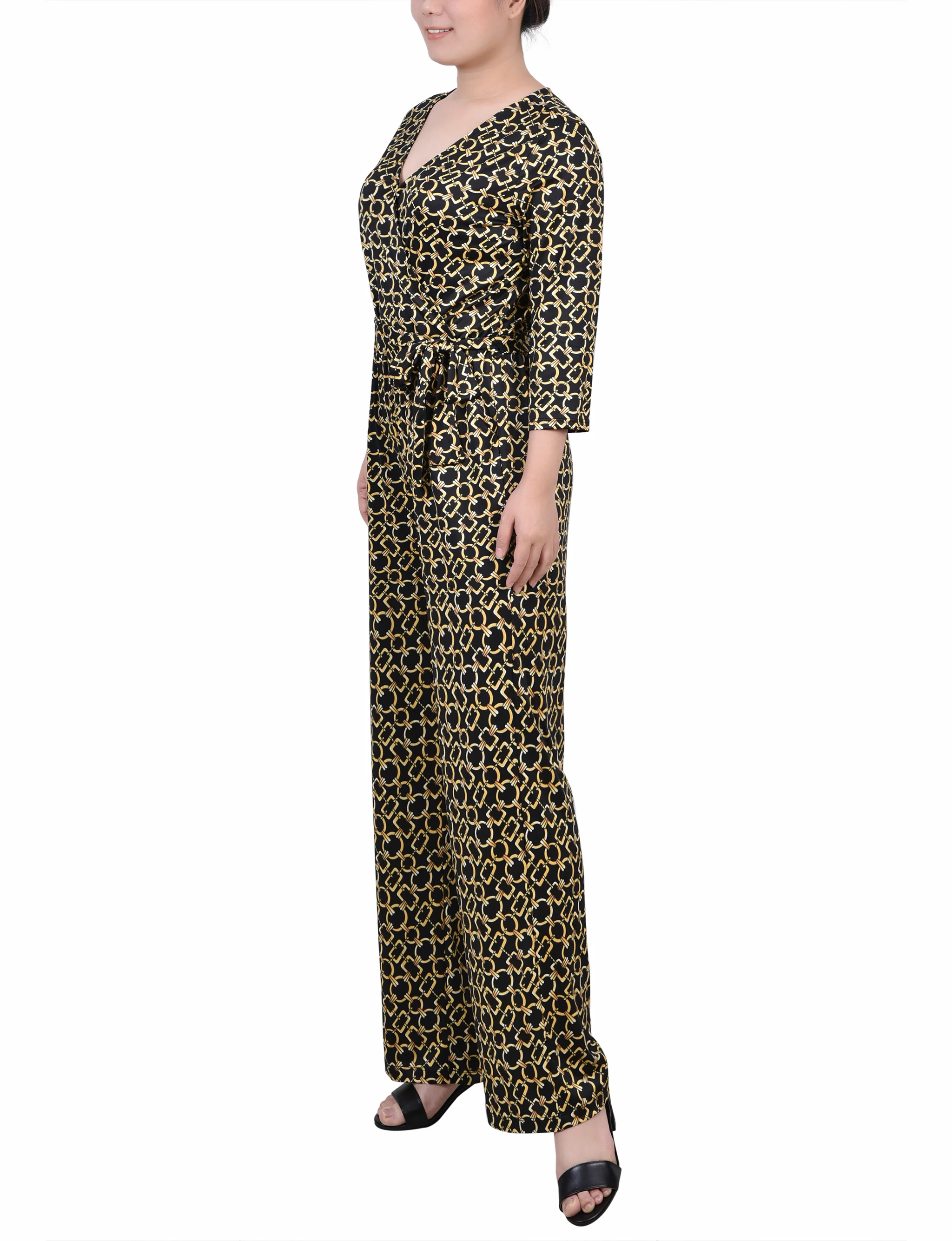 Gold Chain Link 3/4 Sleeve Belted Jumpsuit - Image 2