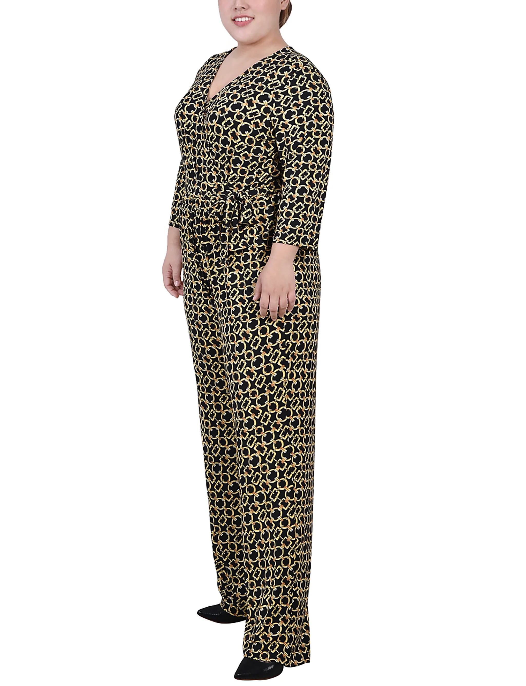 Gold Chain Link 3/4 Sleeve Belted Jumpsuit - Plus - Image 2