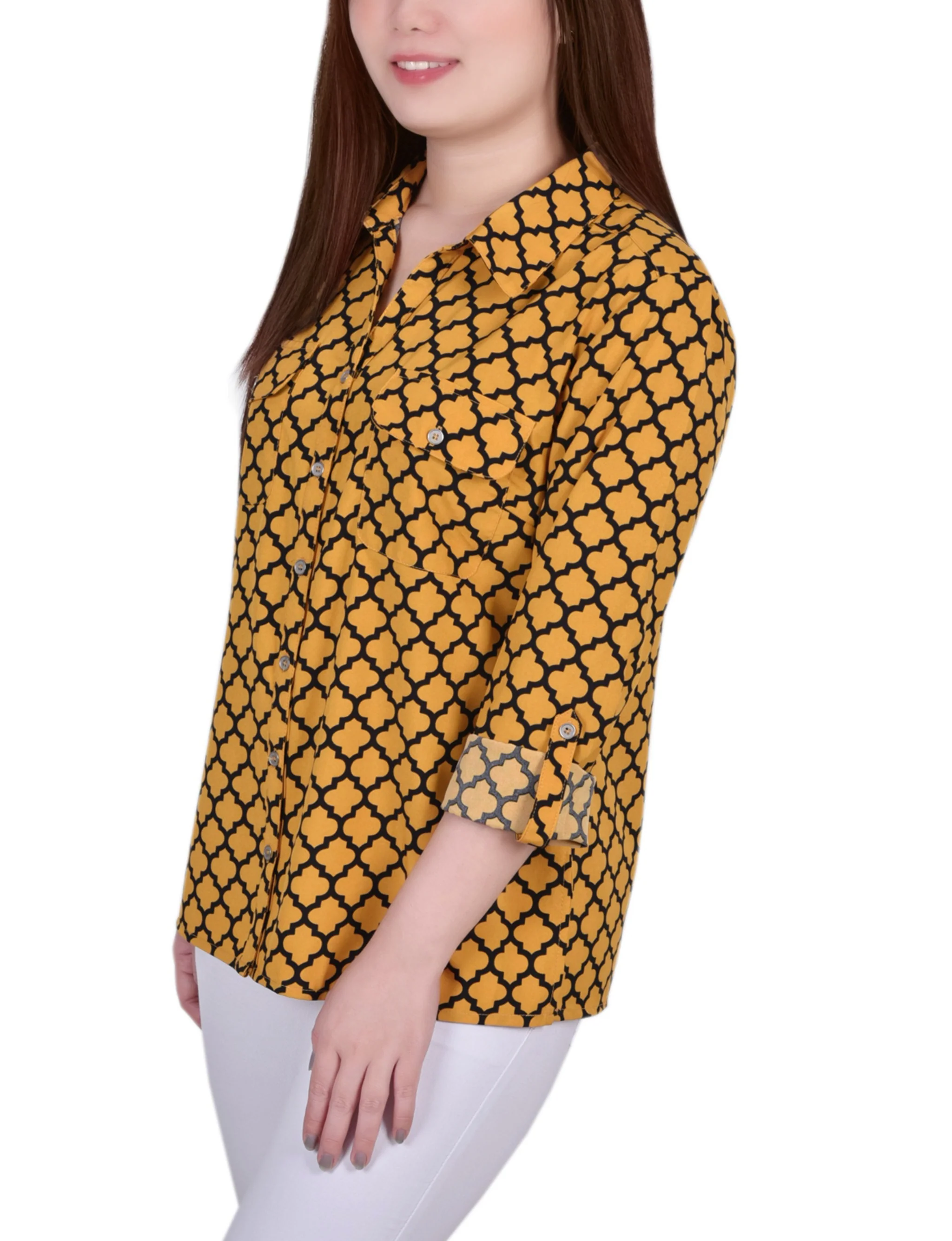 Golden Glow Black Fleur De Li 3/4 Roll Tab Blouse With Pockets - Petite - Image 2