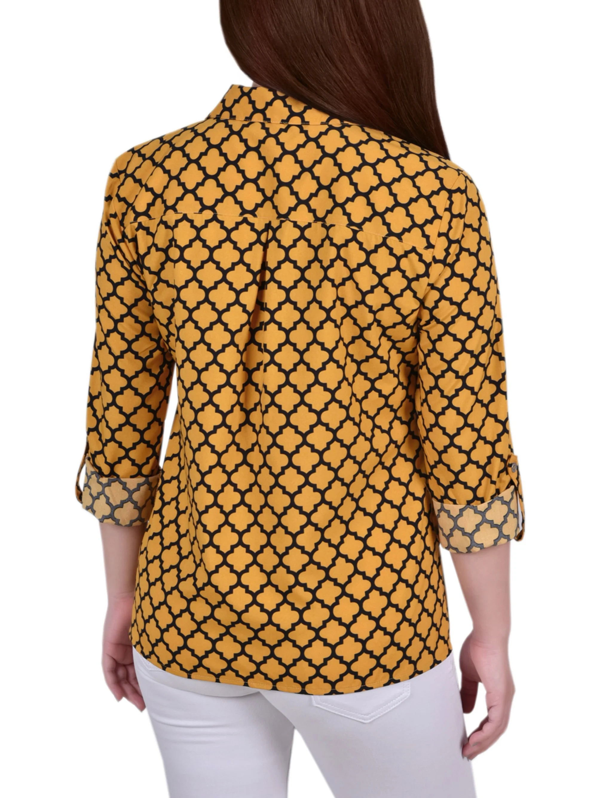 Golden Glow Black Fleur De Li 3/4 Roll Tab Blouse With Pockets - Petite - Image 4