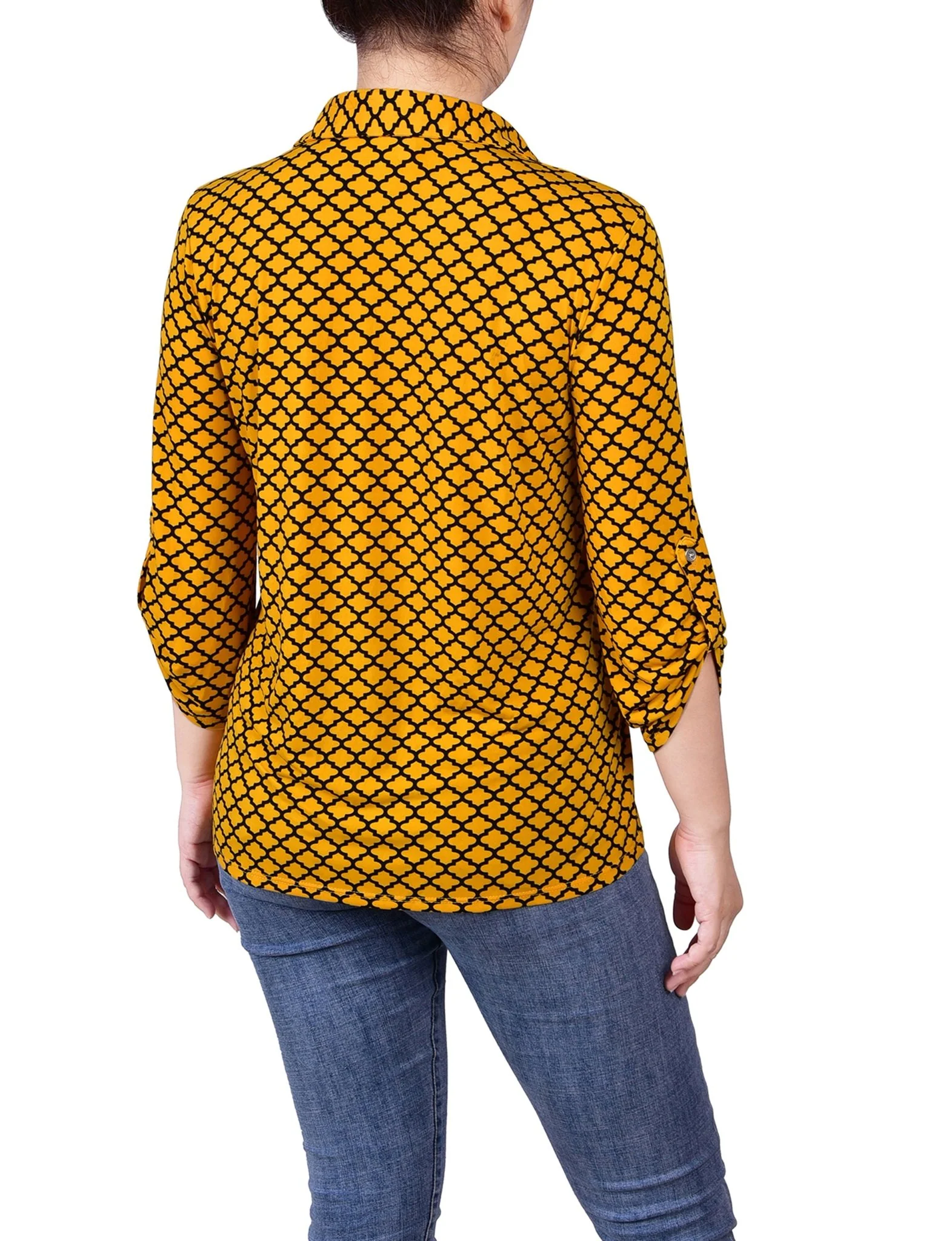 Golden Glow Black Fleur De Lis 3/4 Roll Tab Sleeve Studded Y Neck Top - Petite - Image 4