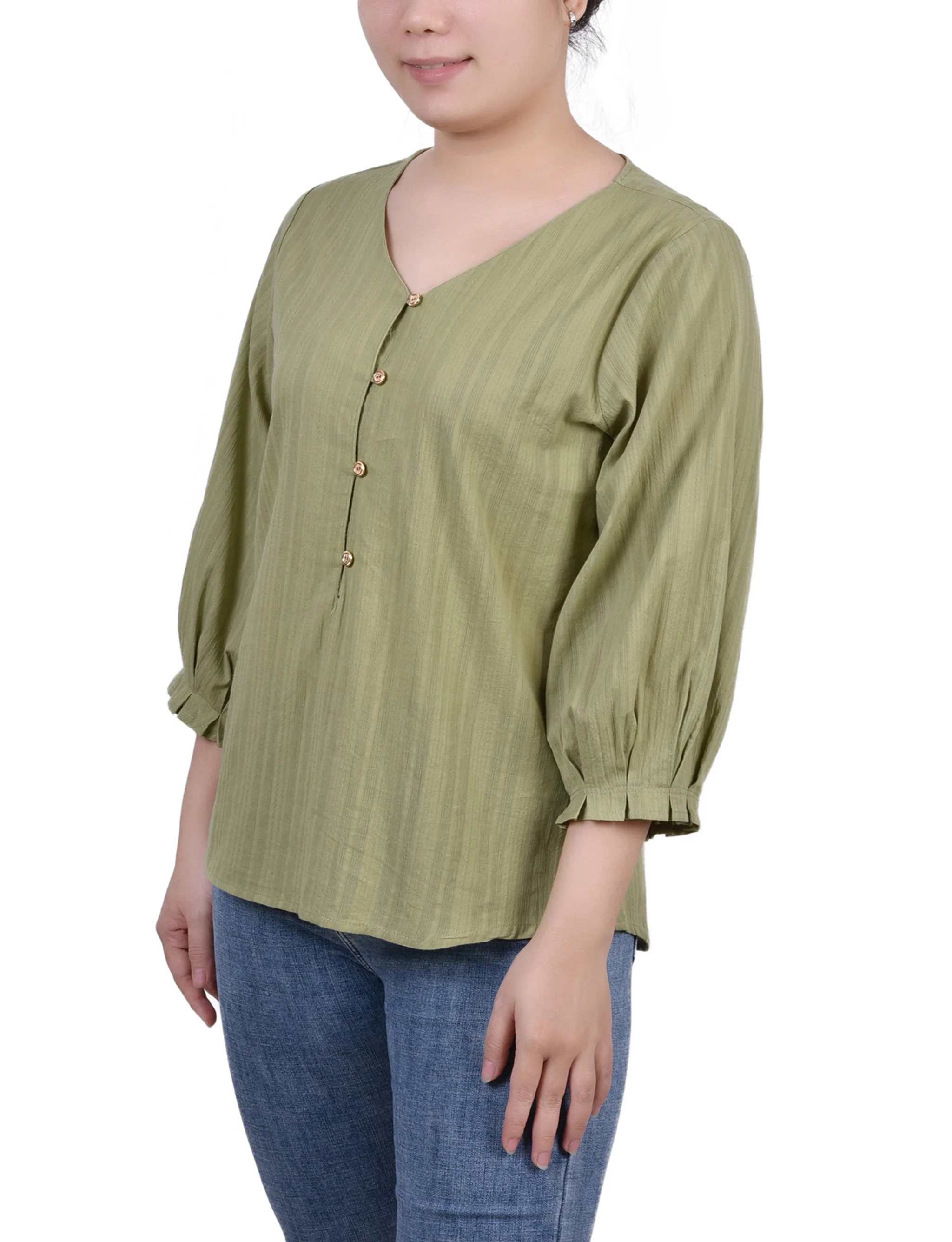 Green 3/4 Sleeve Button Placket Jacquard Blouse - Petite - Image 2