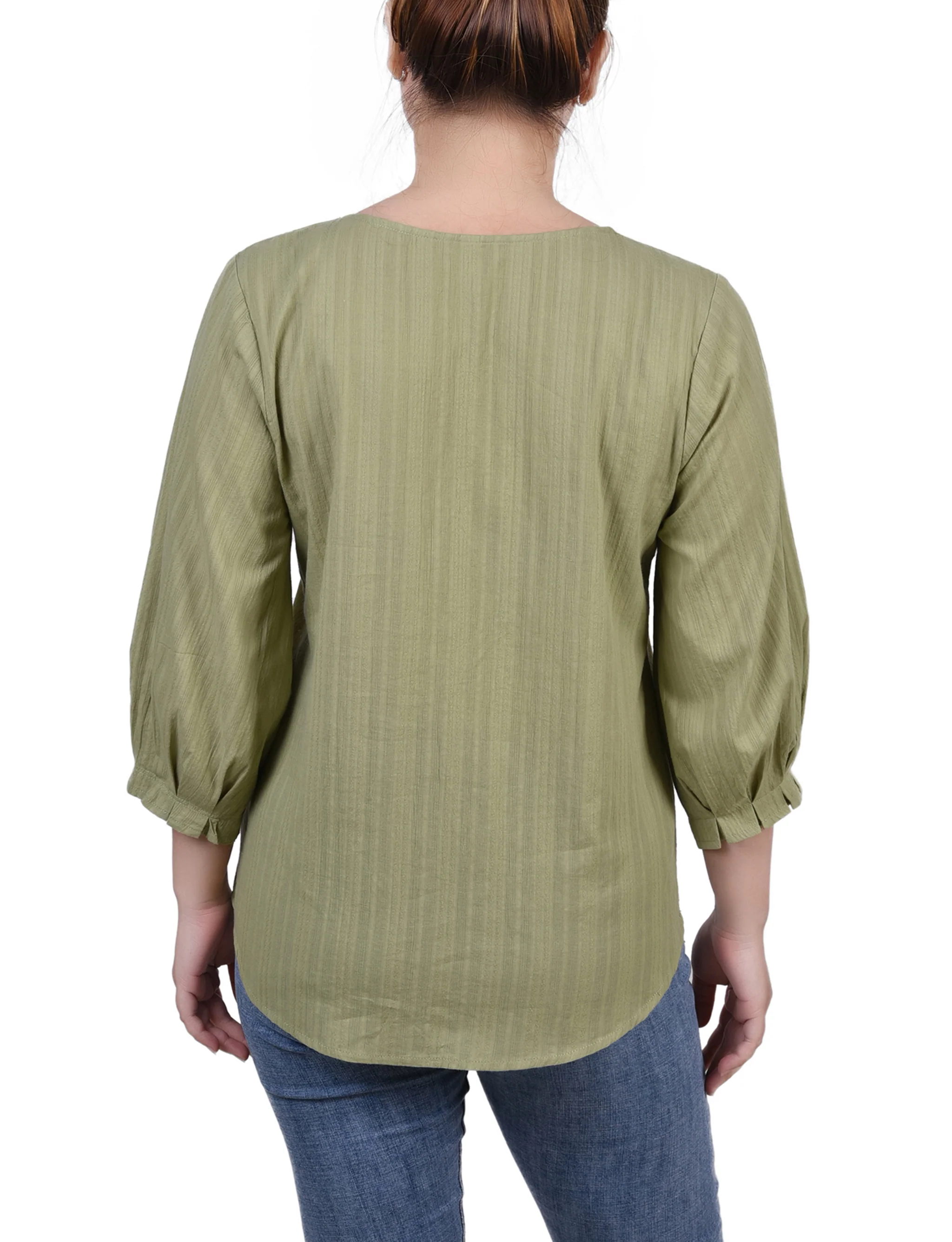 Green 3/4 Sleeve Button Placket Jacquard Blouse - Petite - Image 4