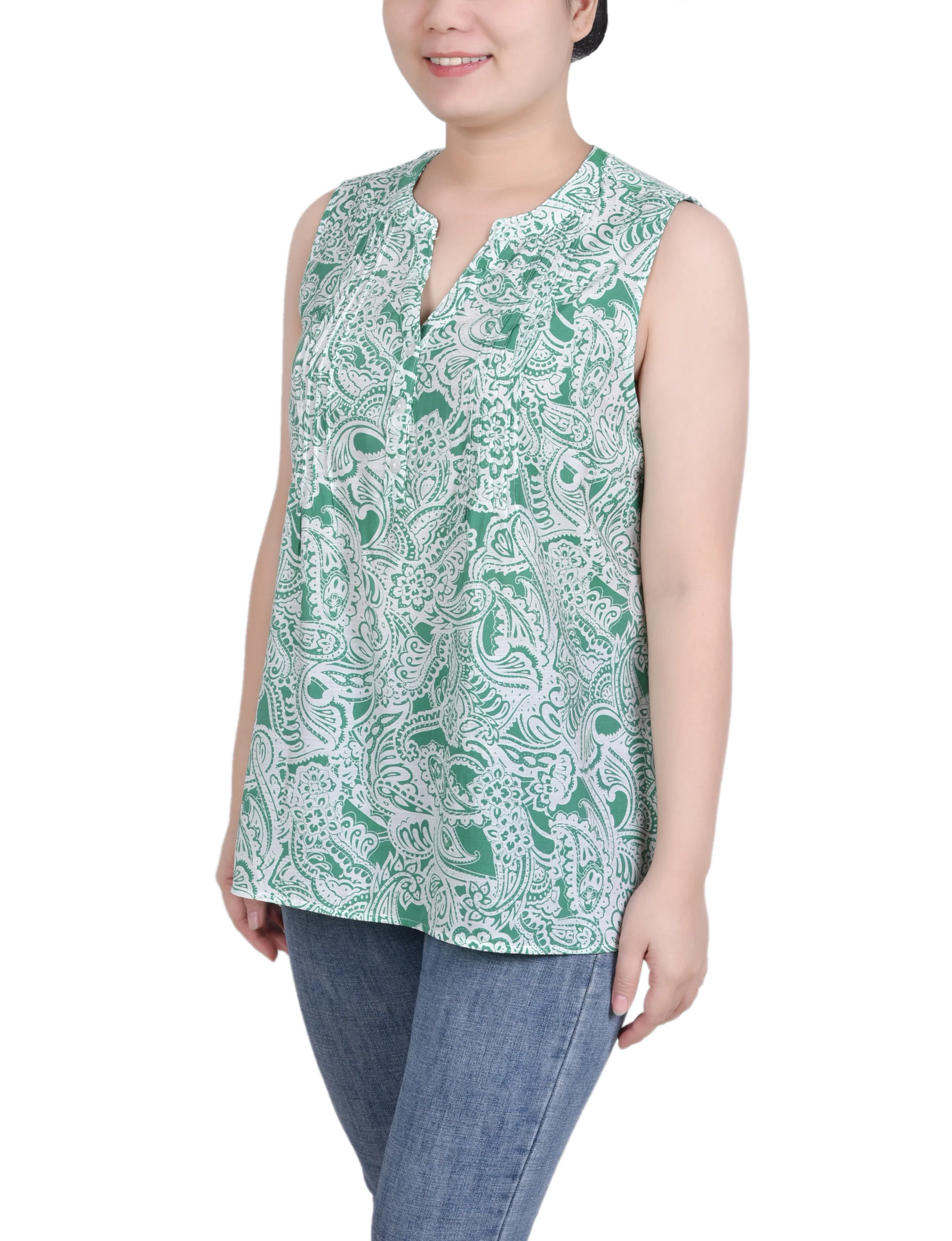 Green Paisley Floral Sleeveless Pintucked Blouse - Image 2