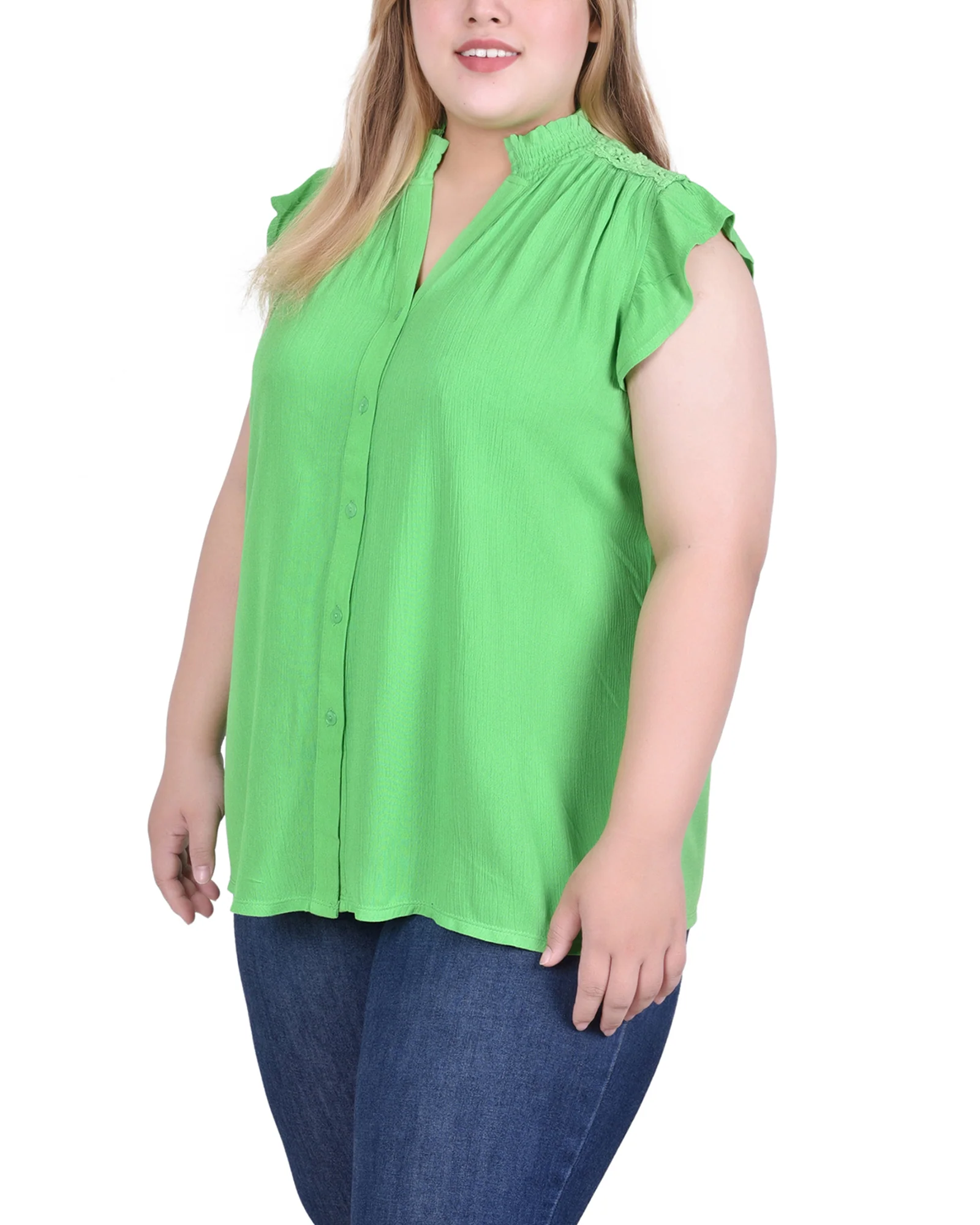 Green Short Flutter Sleeve Crepon Blouse - Plus Size - Image 2