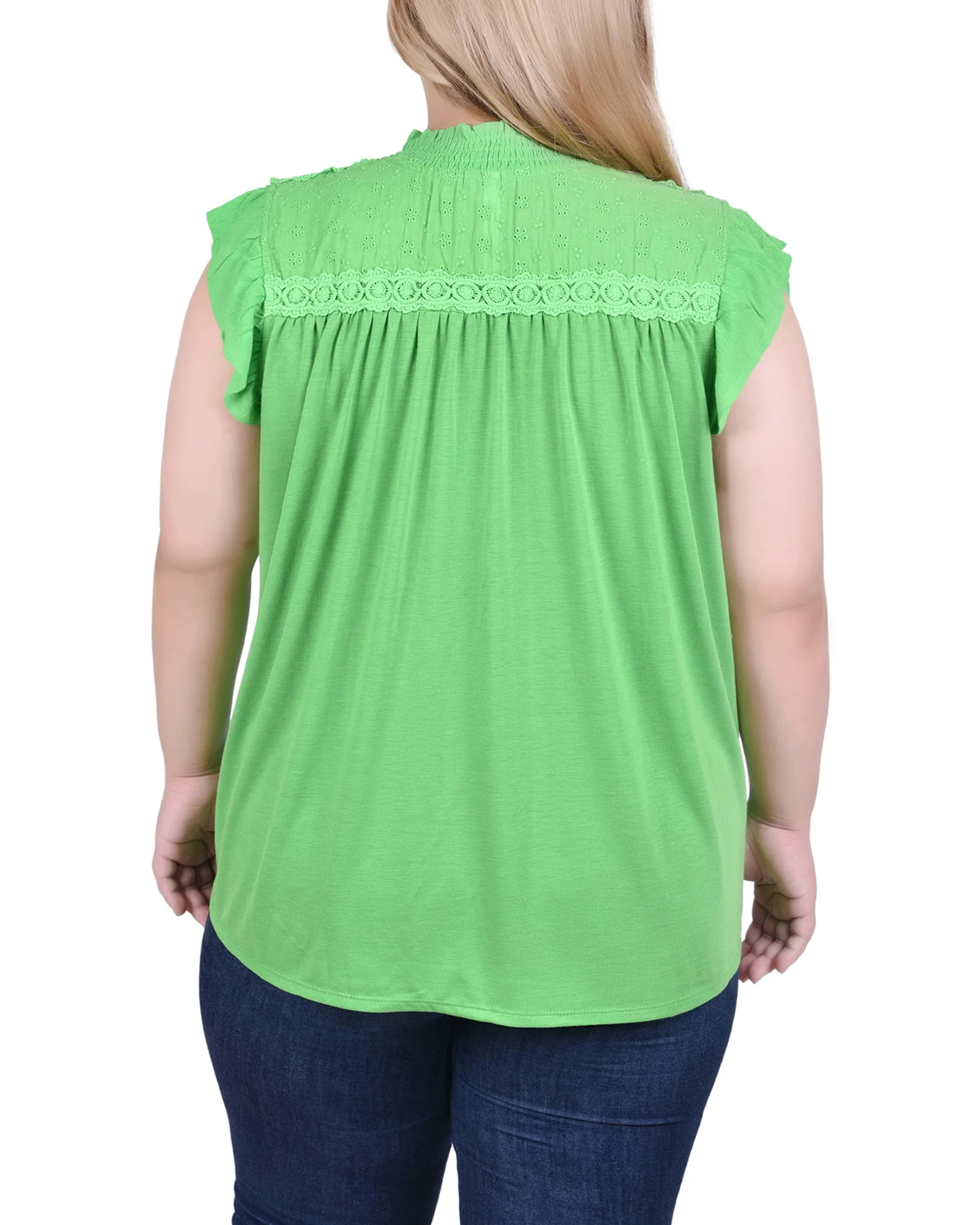 Green Short Flutter Sleeve Crepon Blouse - Plus Size - Image 4