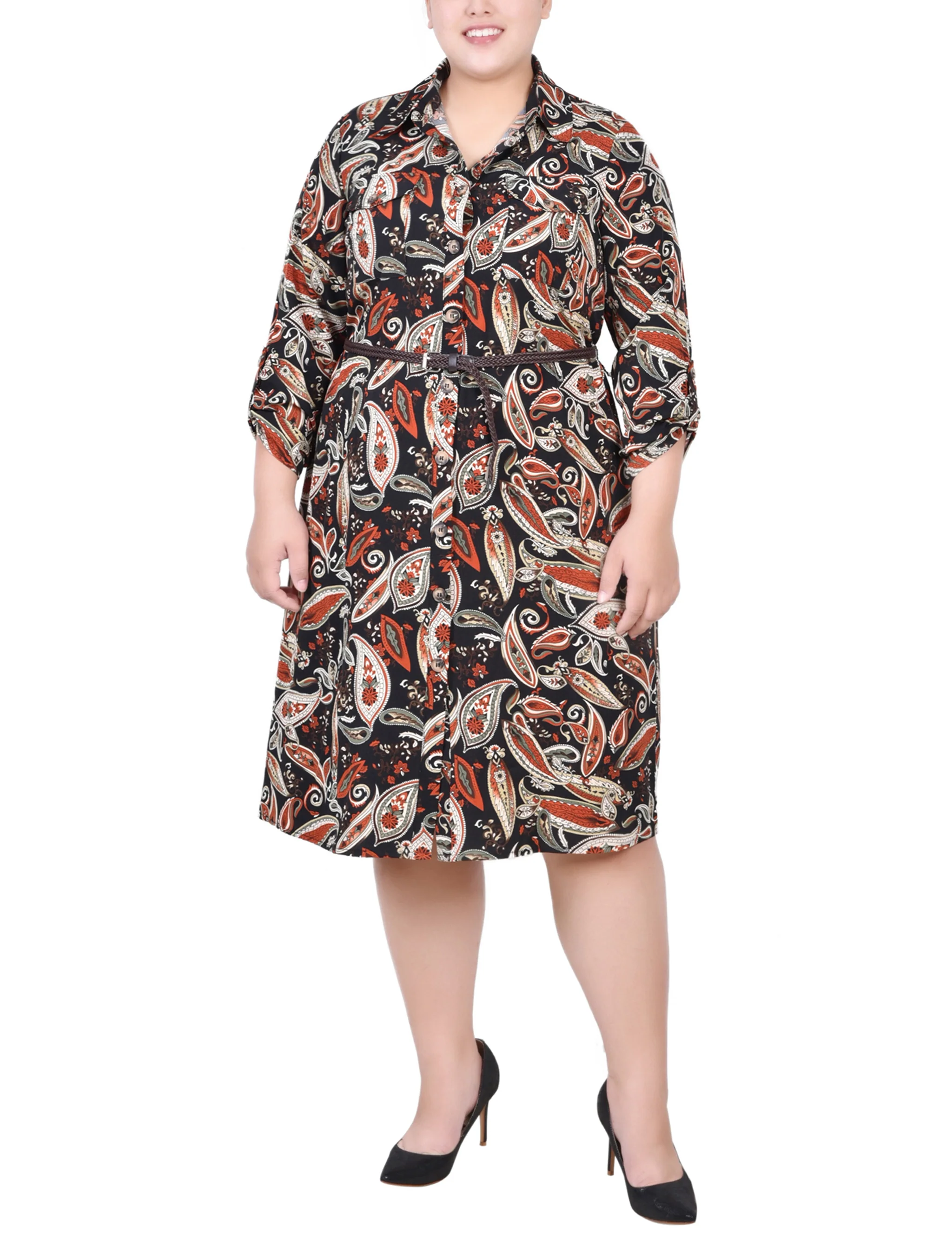 Grey 3/4 Roll Tab Sleeve Shirtdress - Plus Size