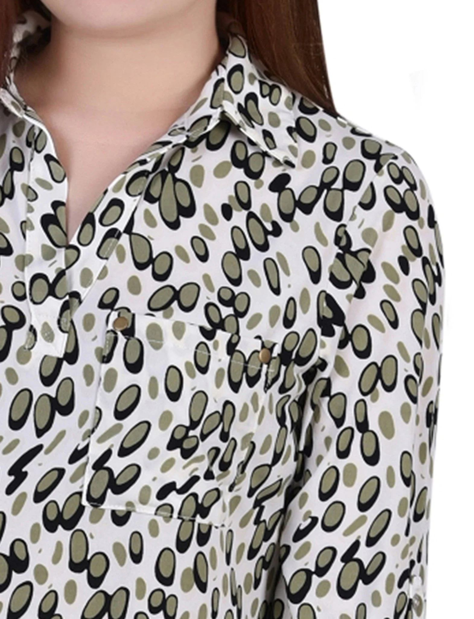 Grey Abstract Dots 3/4 Roll Tab Sleeve Studded Y Neck Top - Petite - Image 3