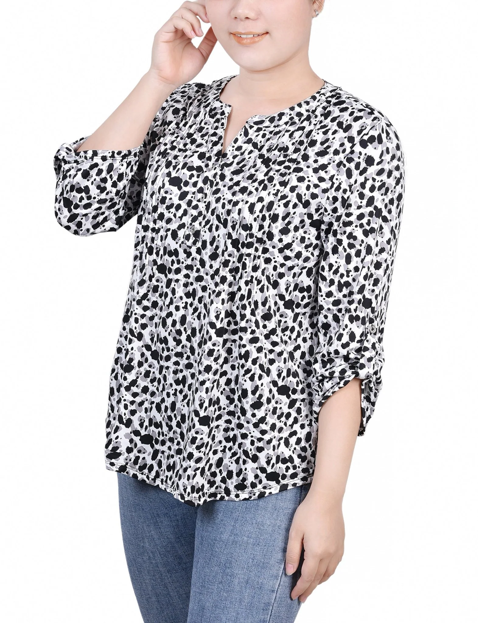 Grey Black Animal 3/4 Roll Tab Sleeve Y Neck Top - Petite - Image 2