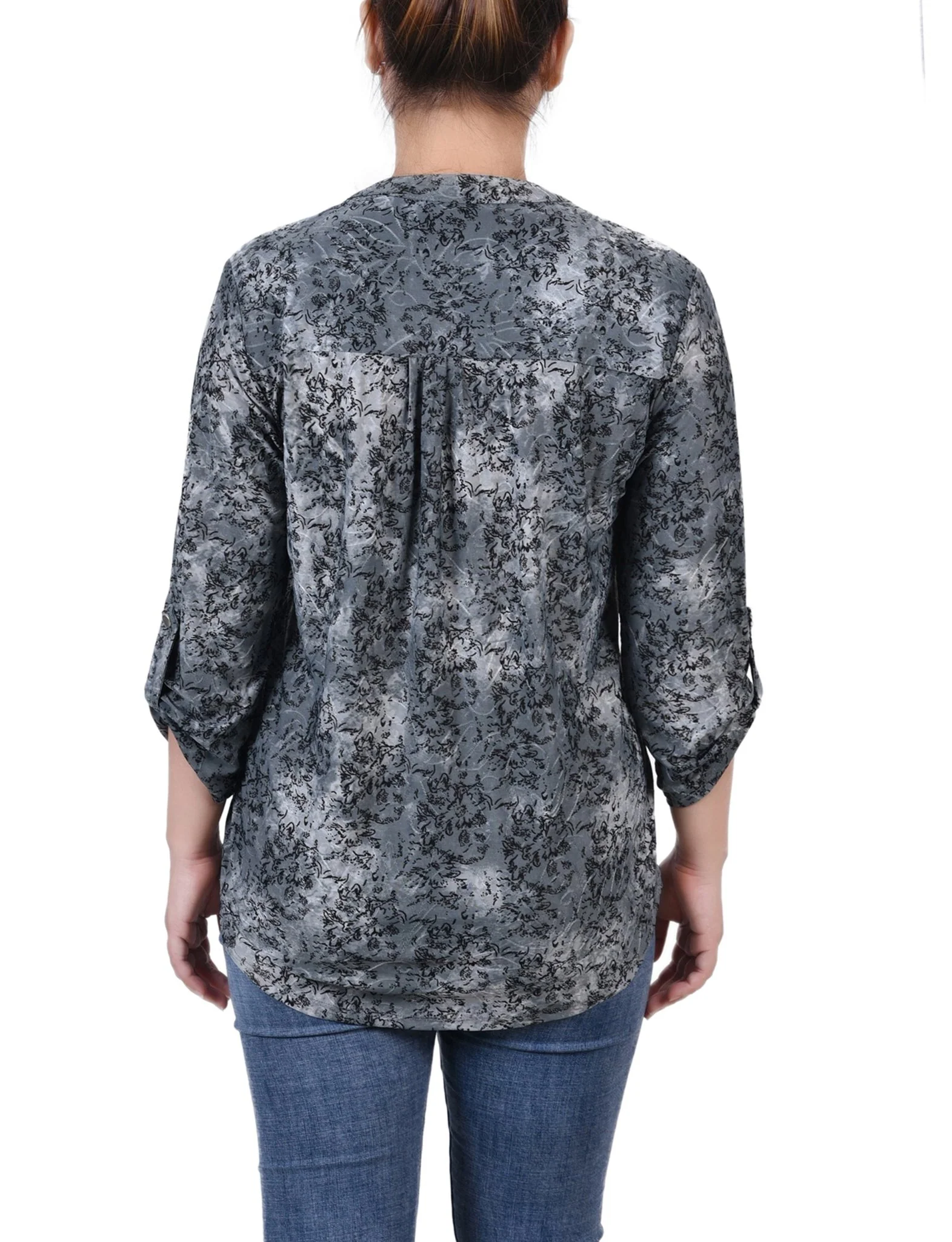 Grey Floral 3/4 Sleeve Roll Tab Y Neck Top - Petite - Image 4
