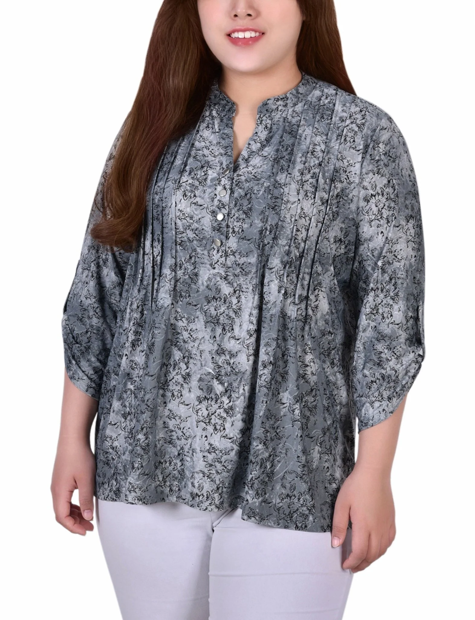 Grey Floral 3/4 Sleeve Roll Tab Y Neck Top - Plus