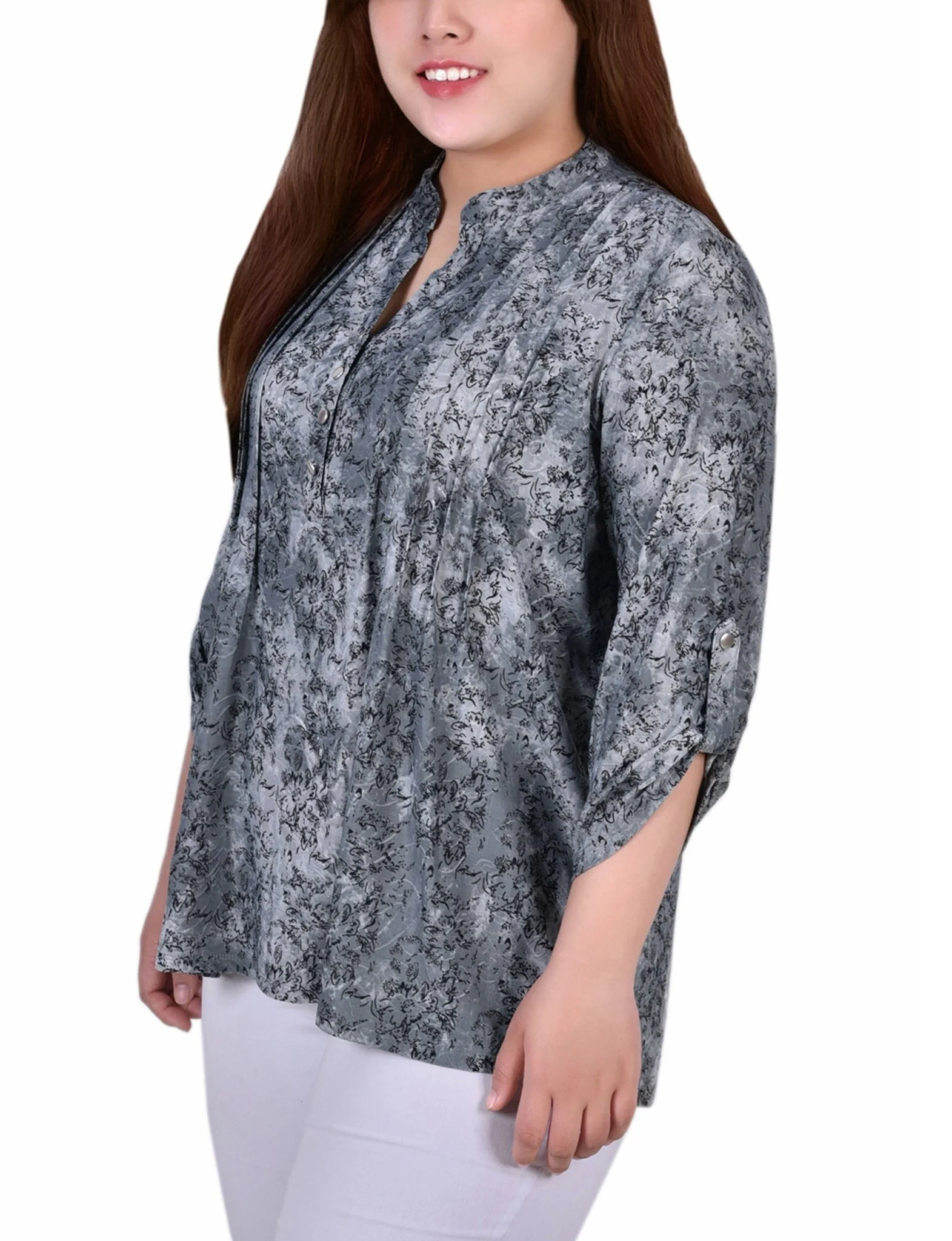 Grey Floral 3/4 Sleeve Roll Tab Y Neck Top - Plus - Image 2