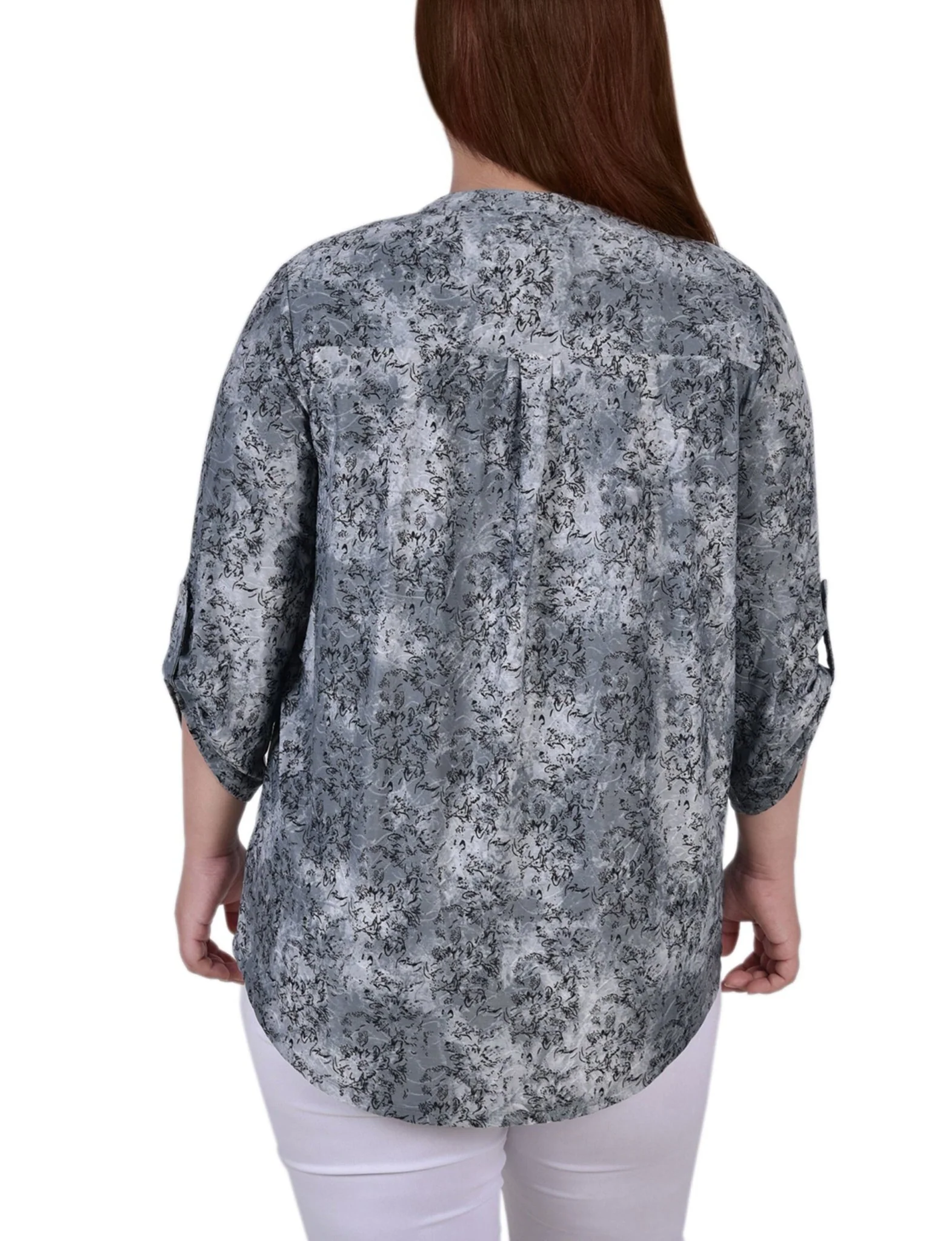 Grey Floral 3/4 Sleeve Roll Tab Y Neck Top - Plus - Image 4