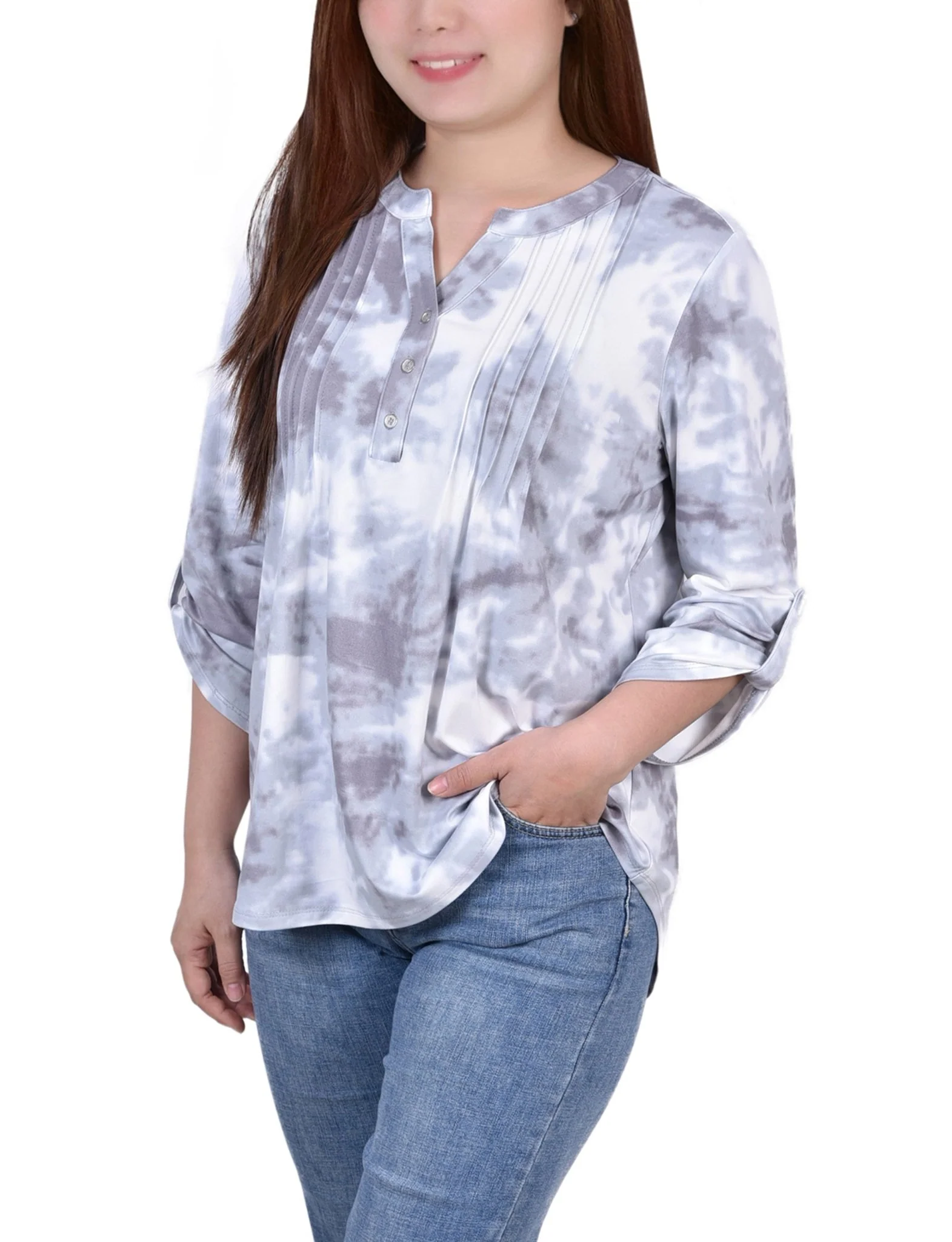 Grey Tiedye 3/4 Bell Sleeve Pleat Front Y Neck Top - Image 2
