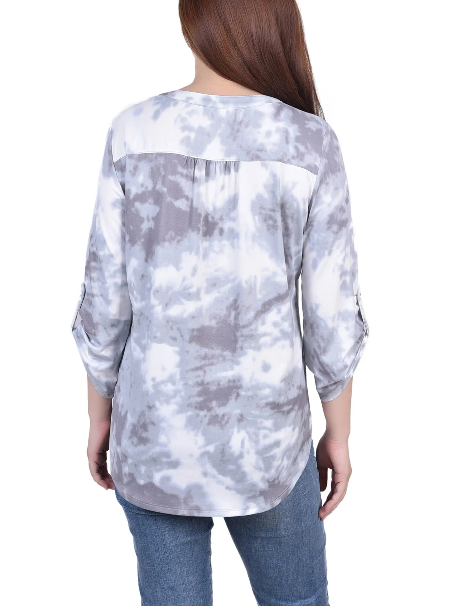 Grey Tiedye 3/4 Bell Sleeve Pleat Front Y Neck Top - Image 4