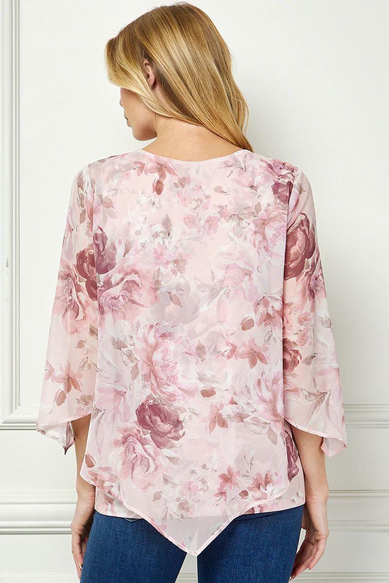 Hanky Hem Poncho V-Neck Blouse with Necklace - Pink - Image 2