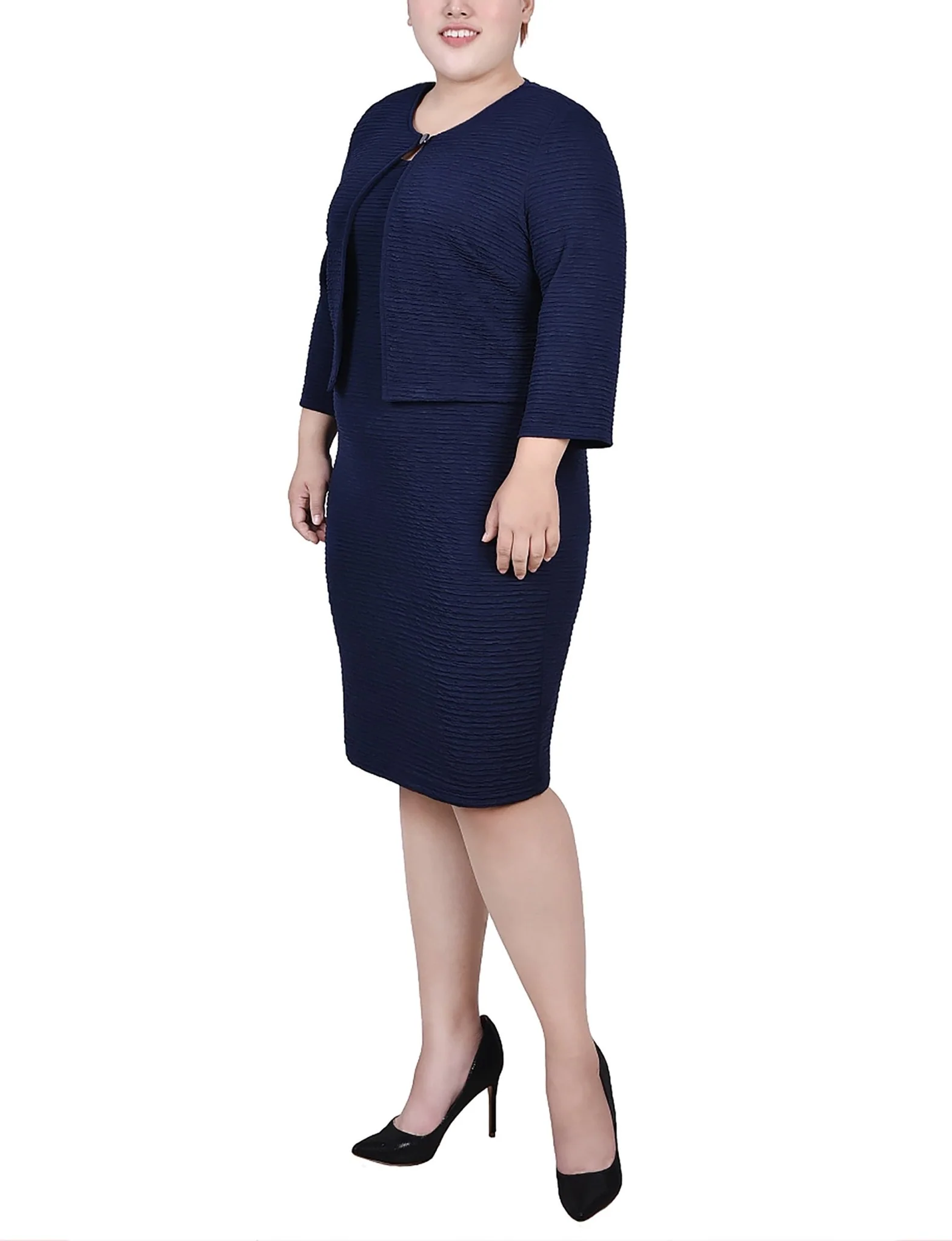 Harbor Navy Textured 3/4 Sleeve 2 Piece Dress Set - Plus - Image 2