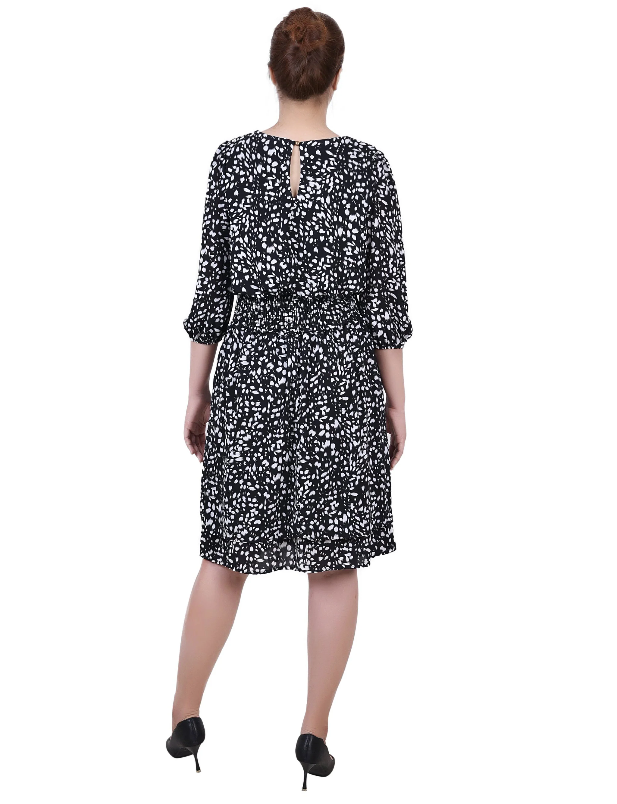 Ivory Floral 3/4 Sleeve Dobby Smocked Waist Dress - Image 3