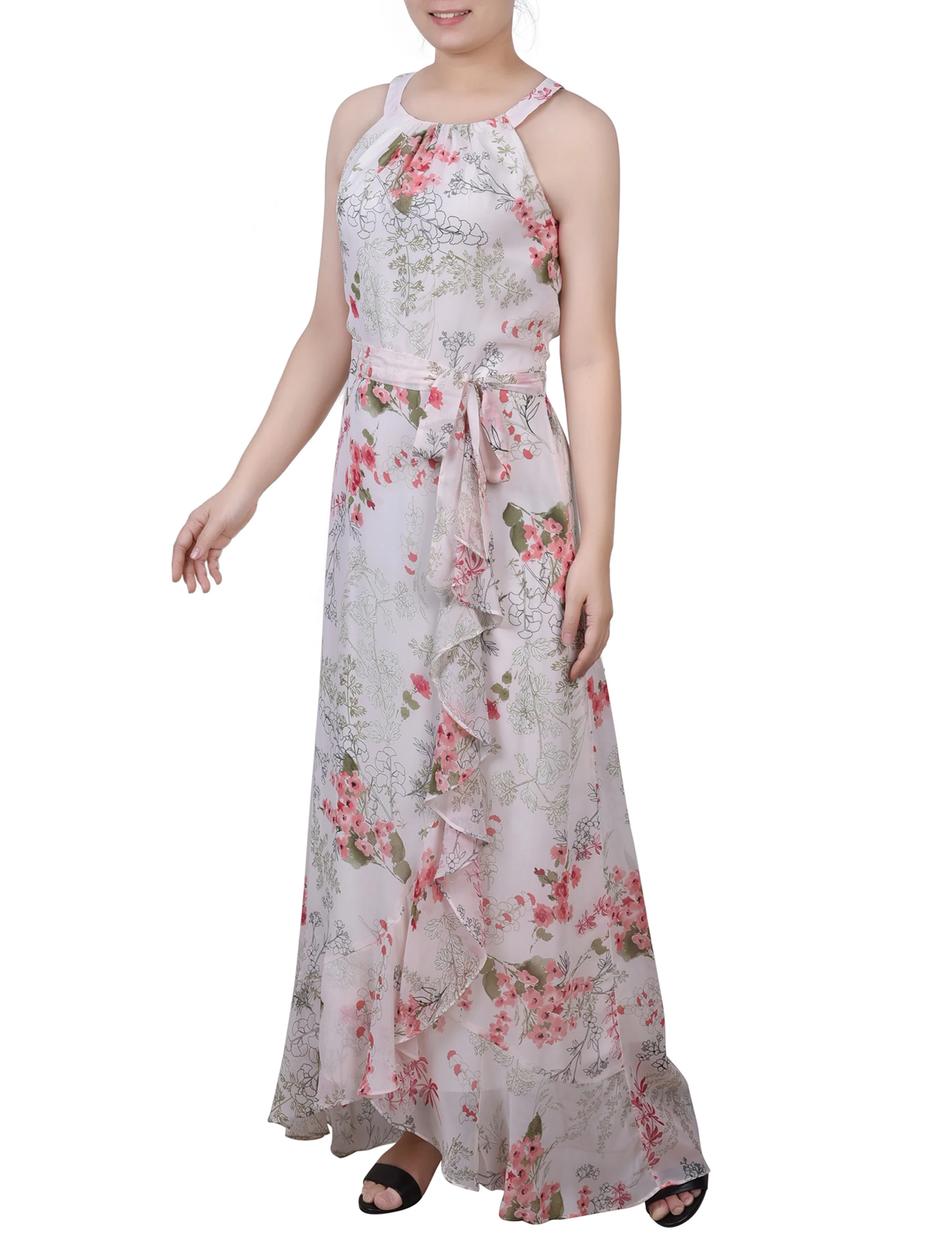 Ivory Floral Halter Front Chiffon Maxi Dress