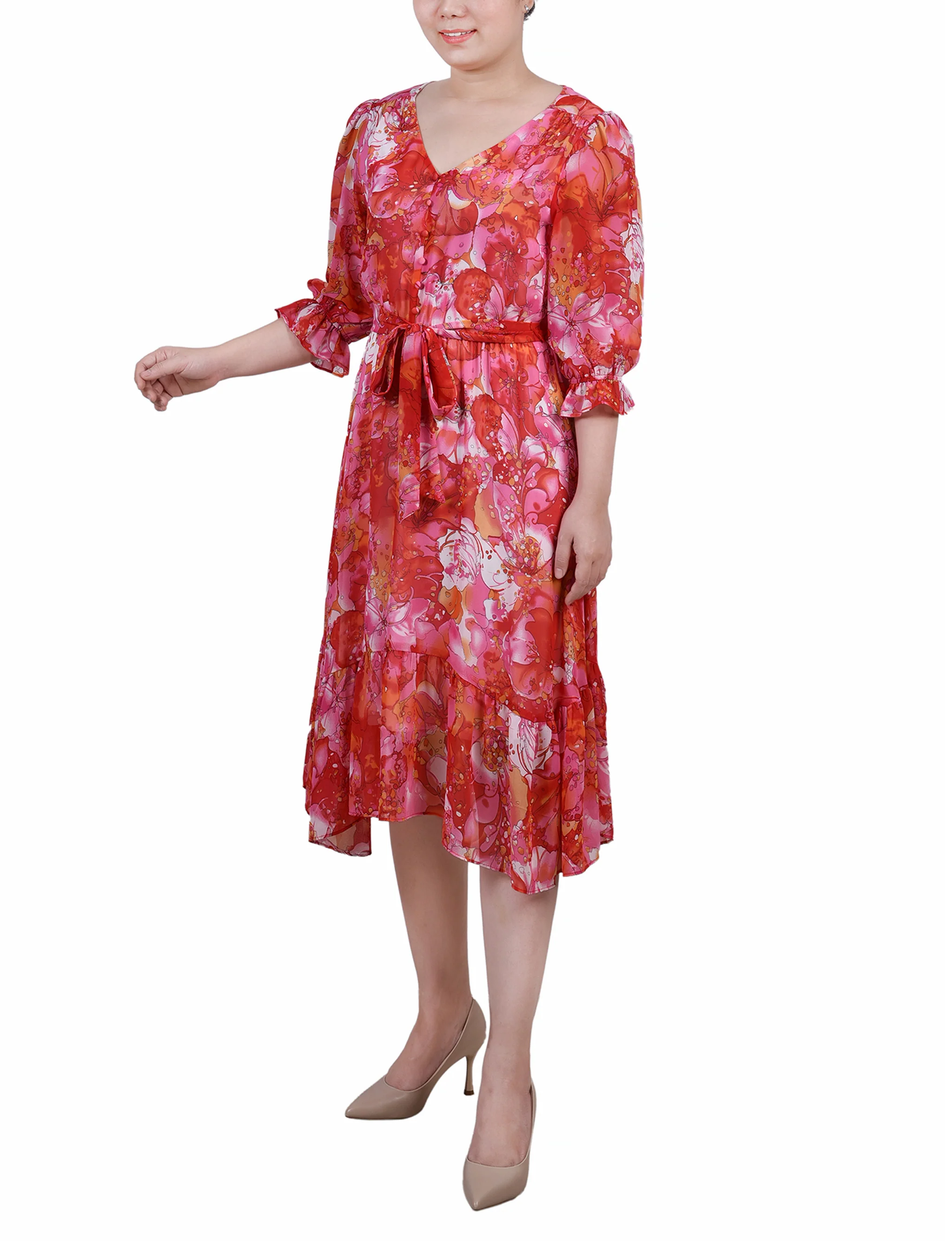 Ivory Fuchsia Coral 3/4 Sleeve V-Neck Flounced Dress - Image 2