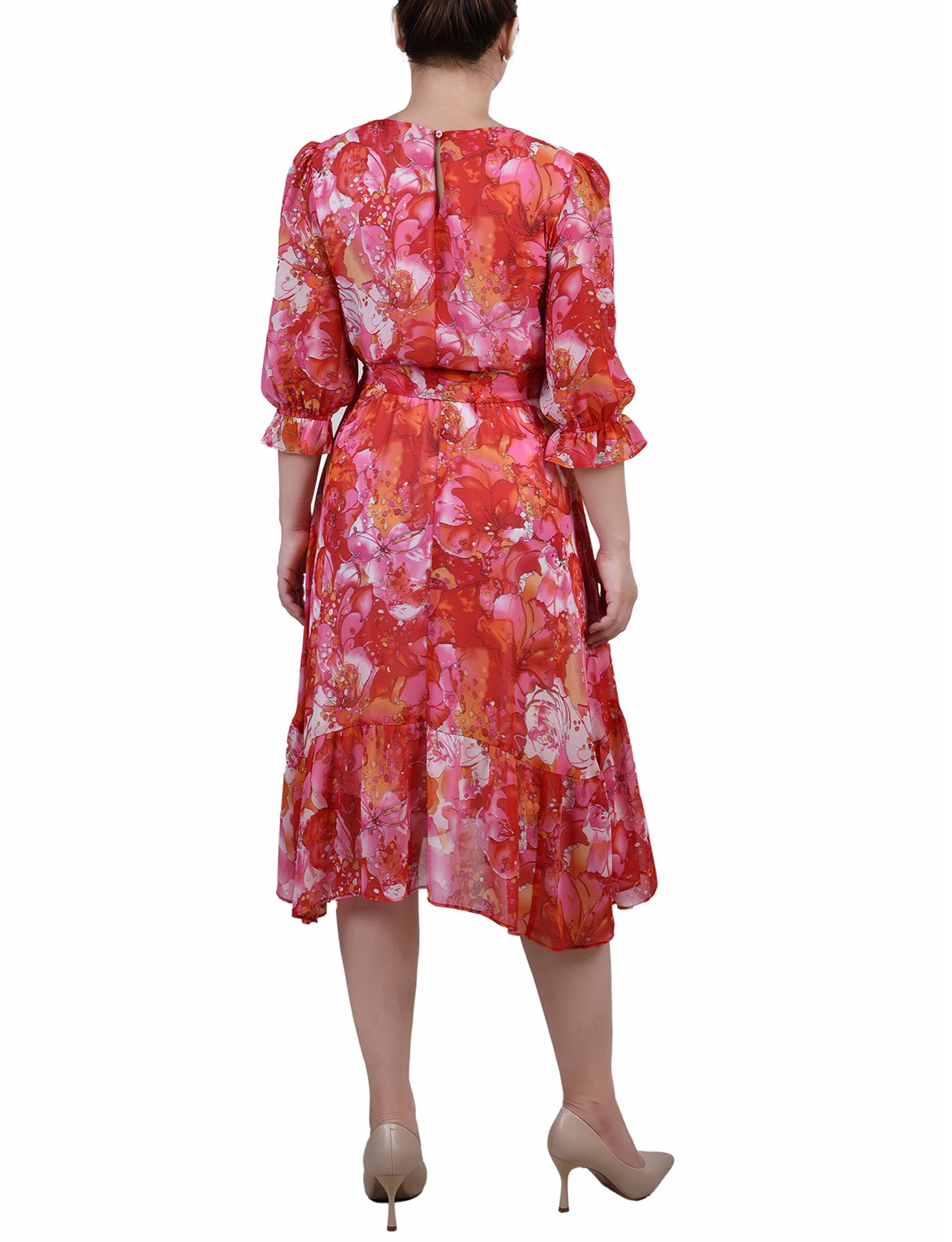 Ivory Fuchsia Coral 3/4 Sleeve V-Neck Flounced Dress - Image 3