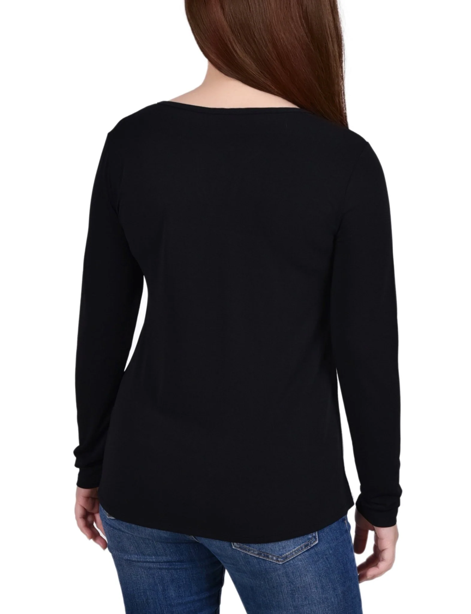 Ivory Long Sleeve Studded Colorblocked Split Neck Top - Petite - Image 4