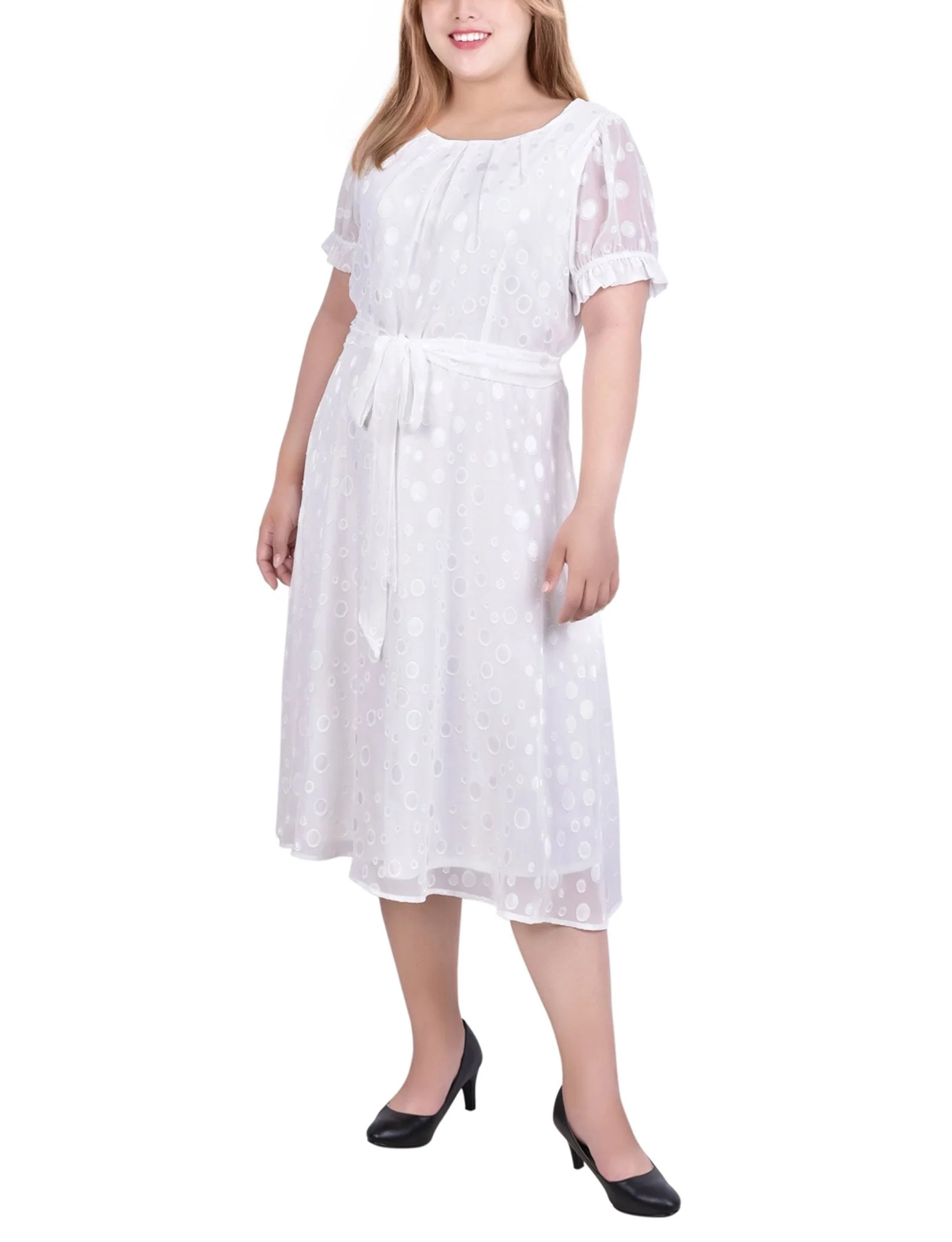 Ivory Multi Circle Short Sleeve Belted Swiss Dot Dress - Plus