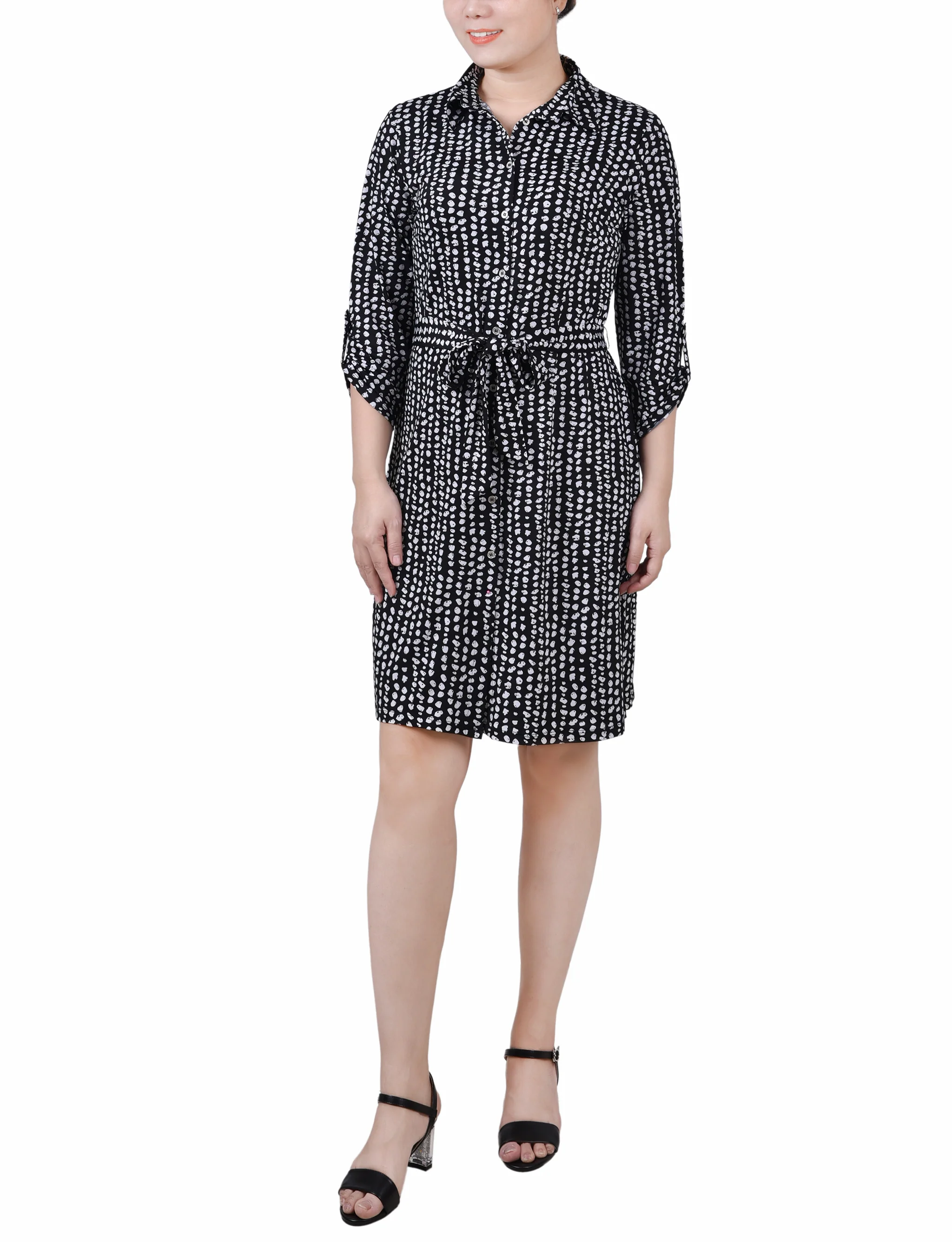 Jet Snowpop 3/4 Roll Tab Sleeve Collared Dress - Petite