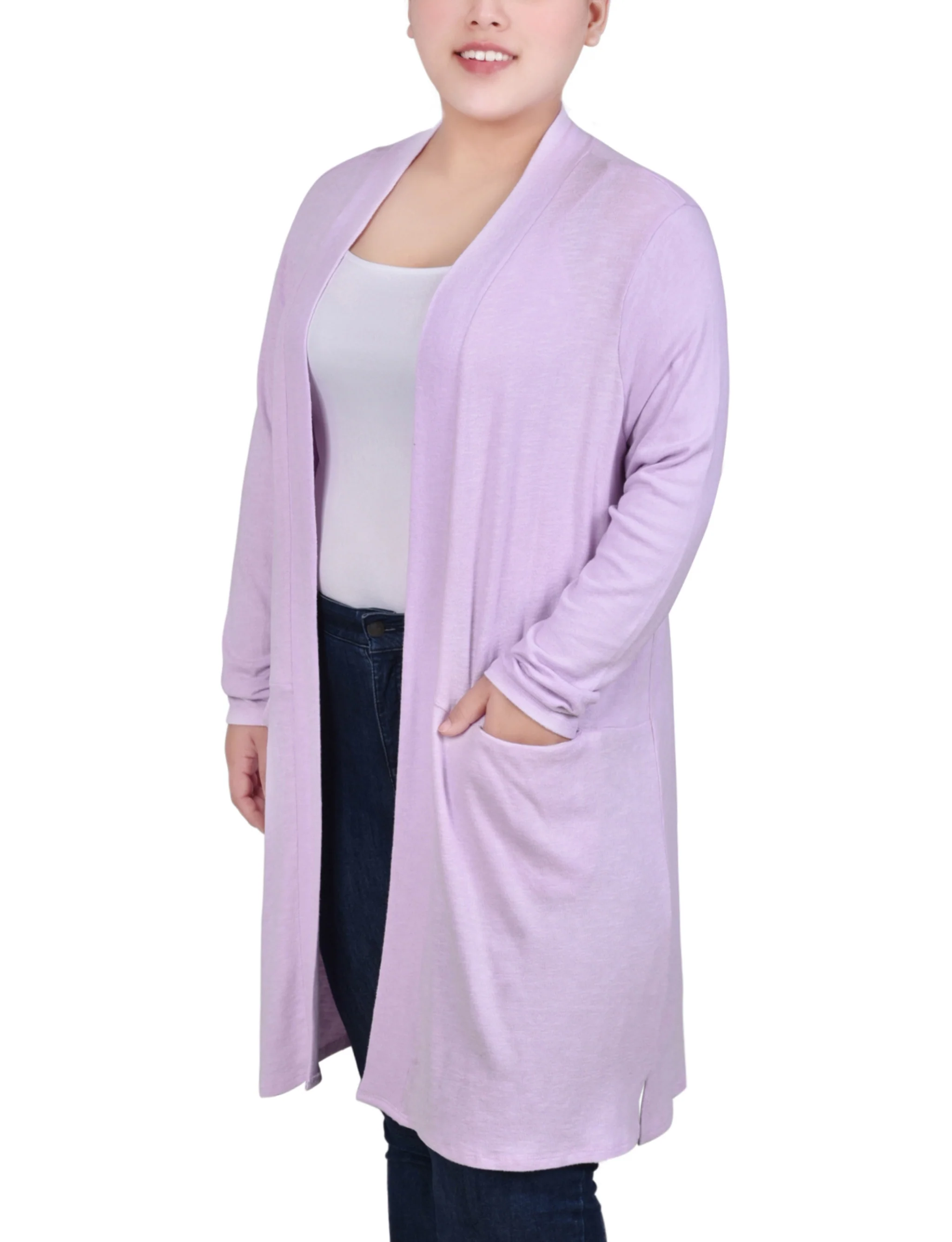 Lavender Long Sleeve Knee Length Cardigan - Plus - Image 2