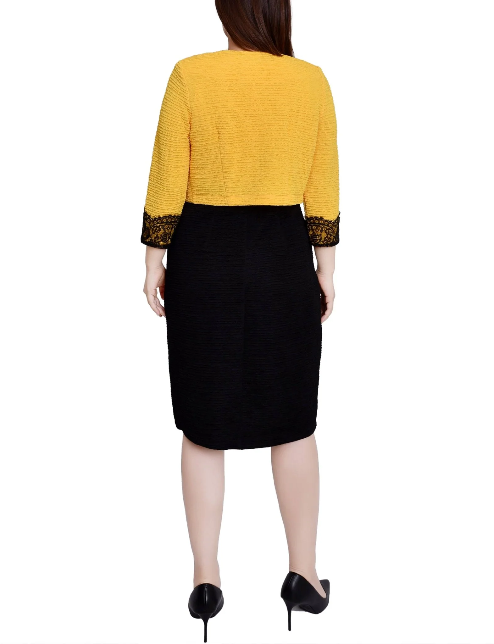 Lemon Black Lace-Detail 2 Piece Textured Knit Dress Set - Petite - Image 3