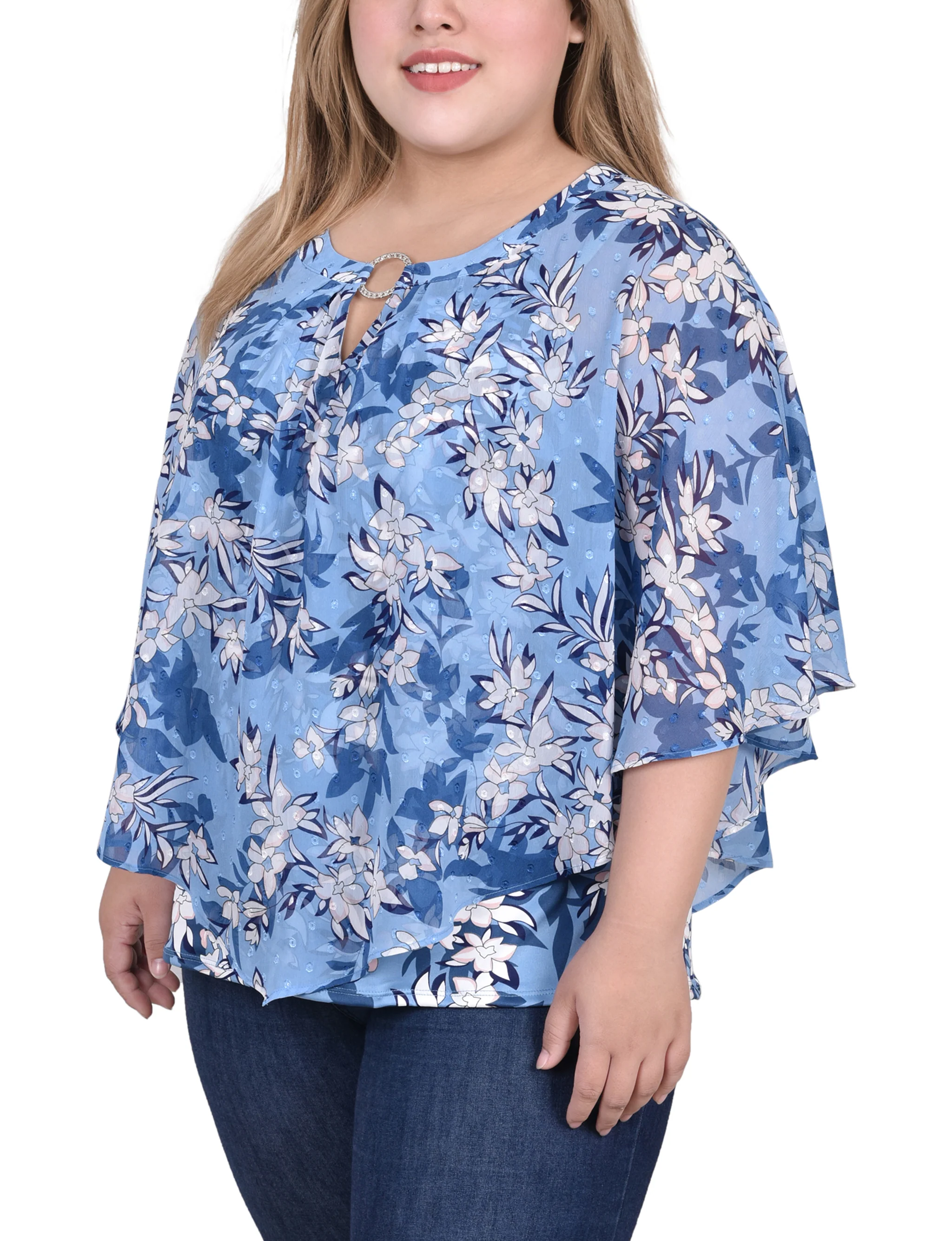 Light Blue White Floral Chiffon Poncho - Plus Size - Image 2