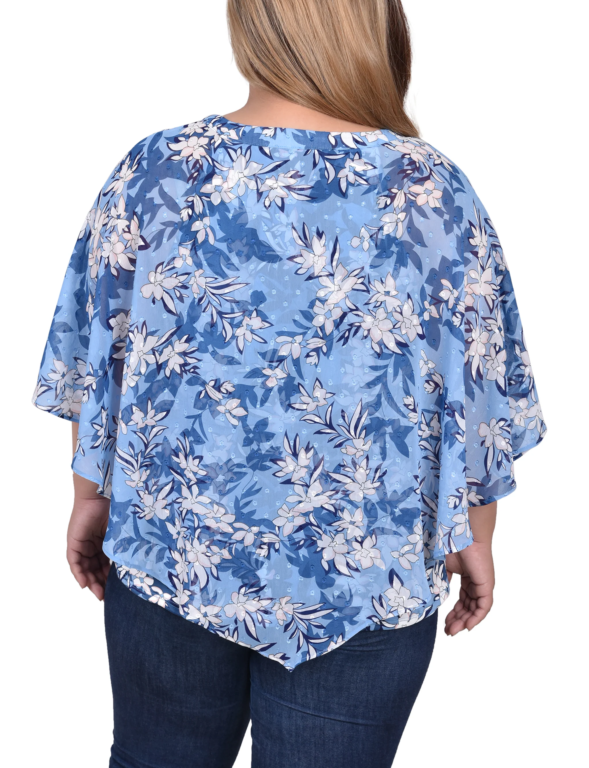 Light Blue White Floral Chiffon Poncho - Plus Size - Image 3