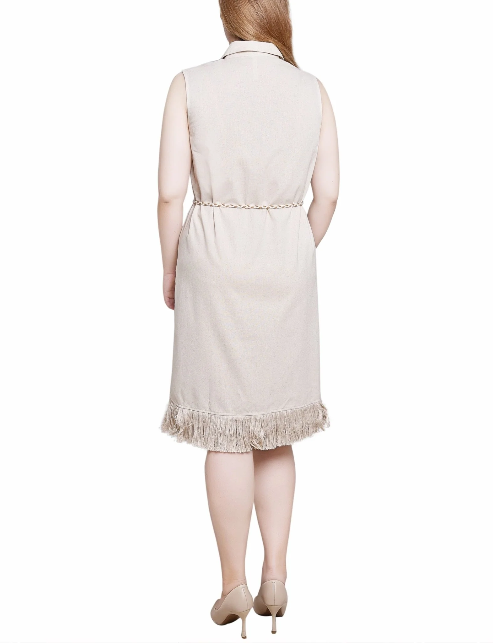 Light Tan Sleeveless Belted Fringed Dress - Image 3