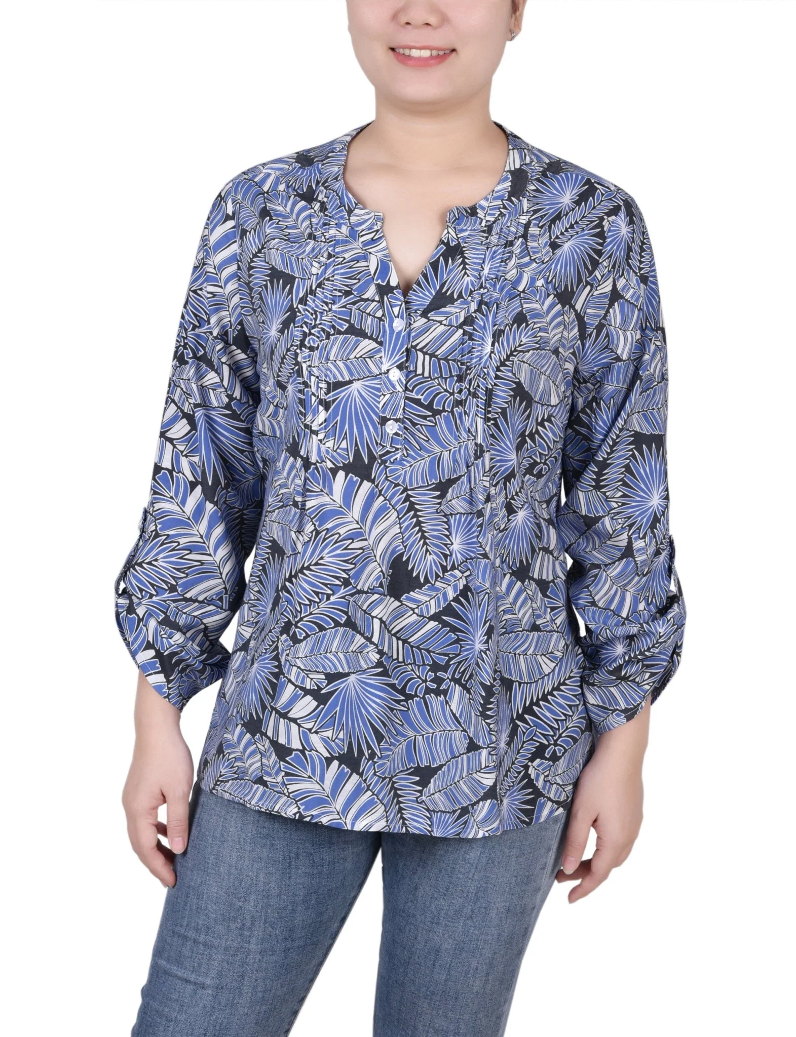 Long Roll Tab Sleeve Pintuck Front Blouse - Petite - Image 10