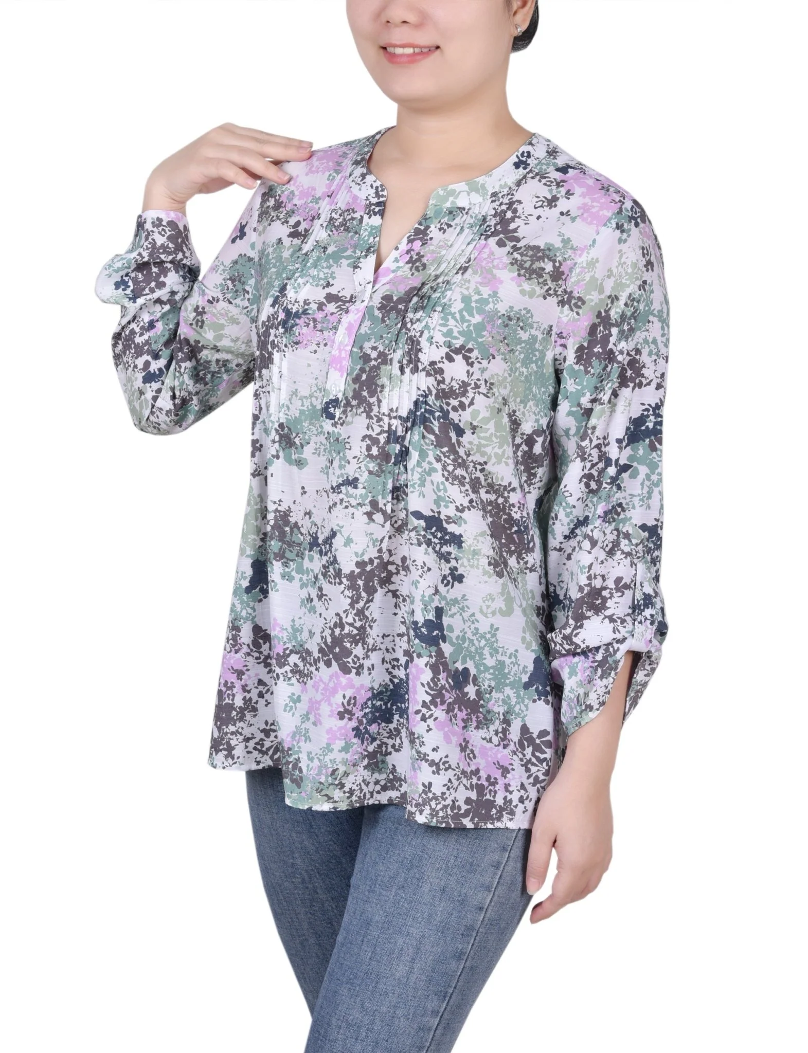 Long Roll Tab Sleeve Pintuck Front Blouse - Petite - Image 14