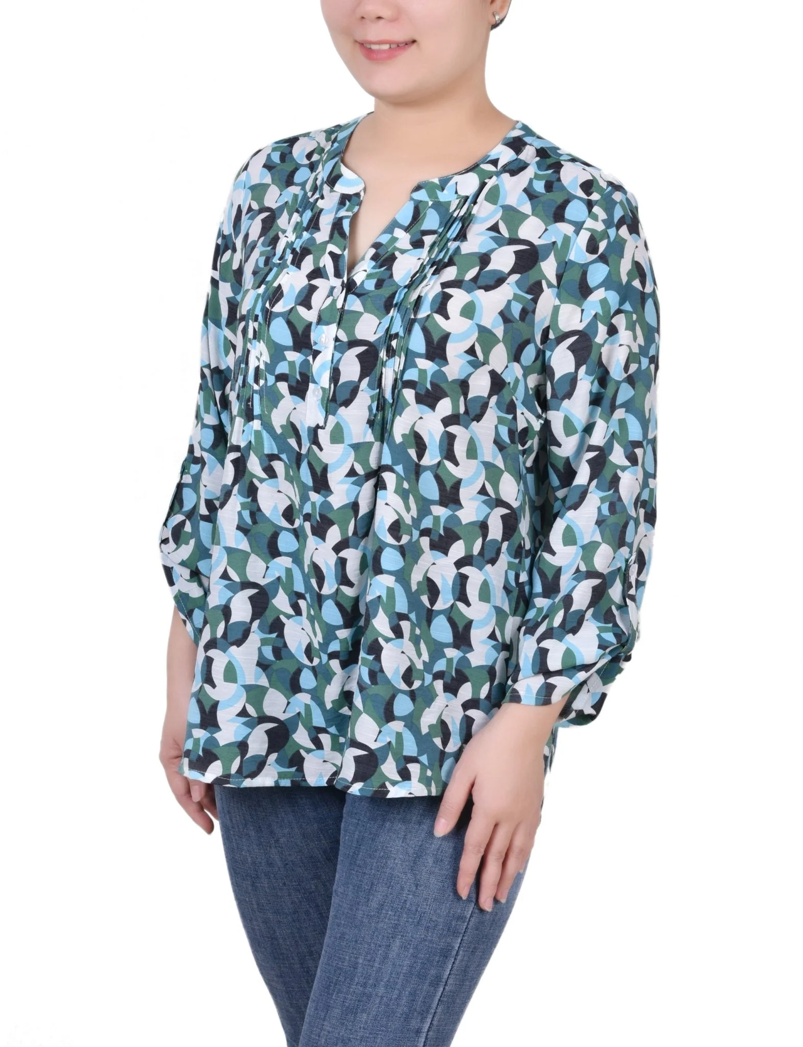 Long Roll Tab Sleeve Pintuck Front Blouse - Petite - Image 8