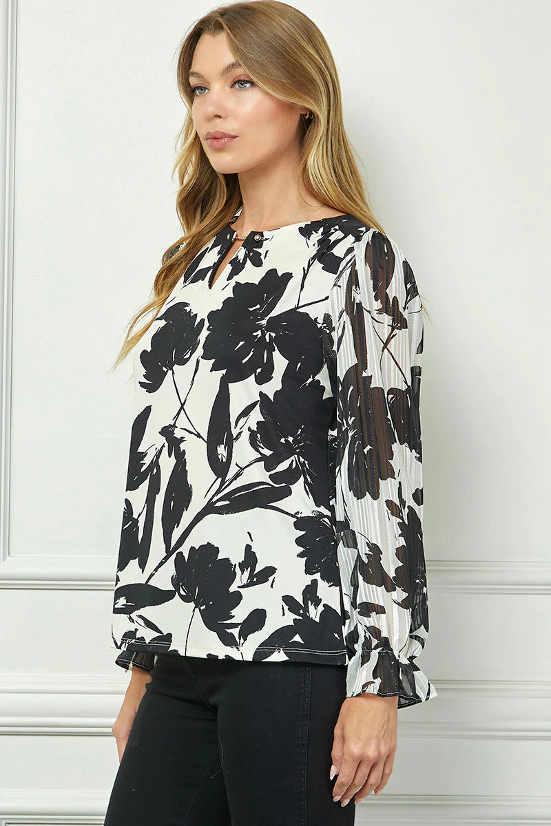 Long Ruffle Sleeve Cutout Trim Front Neck Mix Media Blouse - Image 4