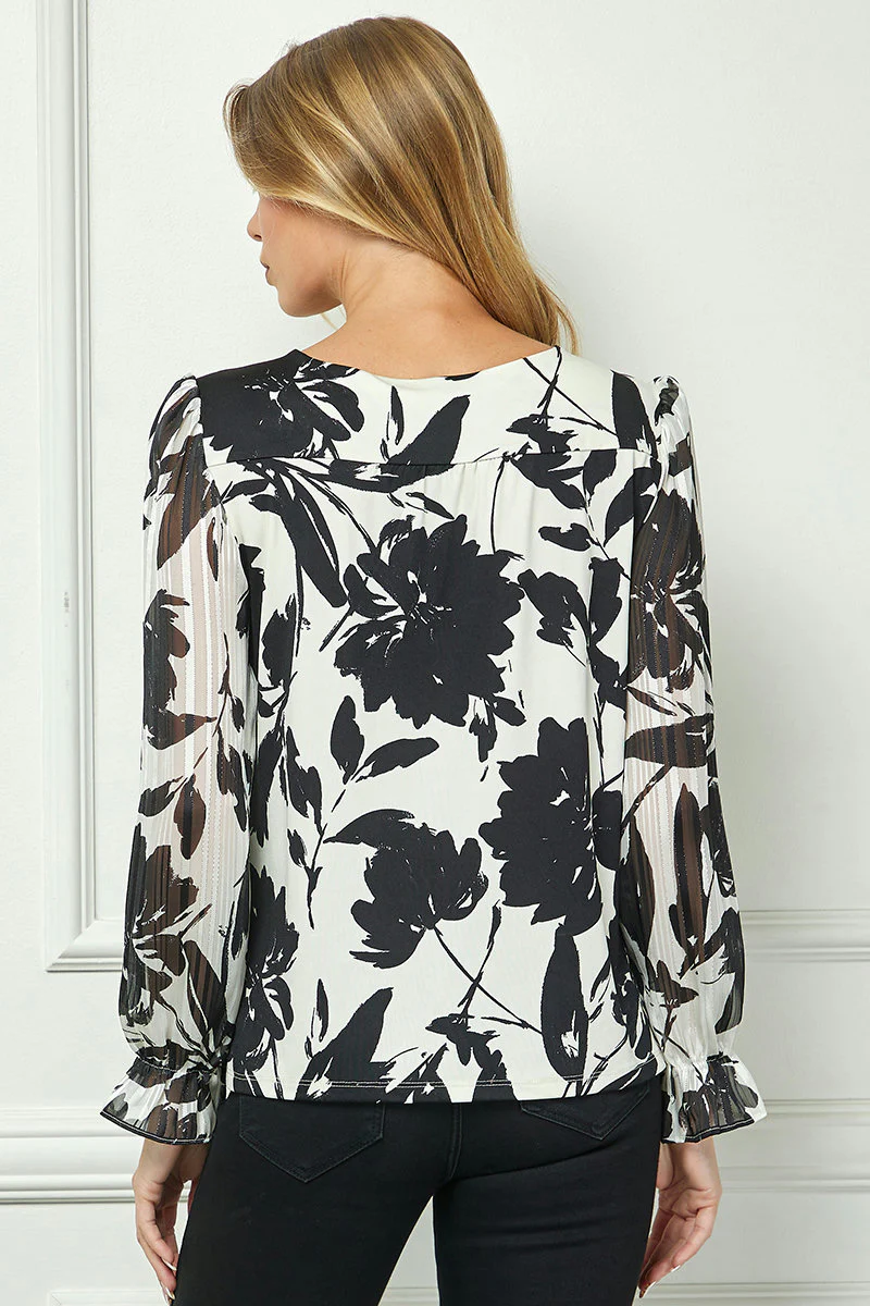 Long Ruffle Sleeve Cutout Trim Front Neck Mix Media Blouse - Image 5